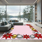 Red Poinsettia Gold Silver Ornaments Border Rug