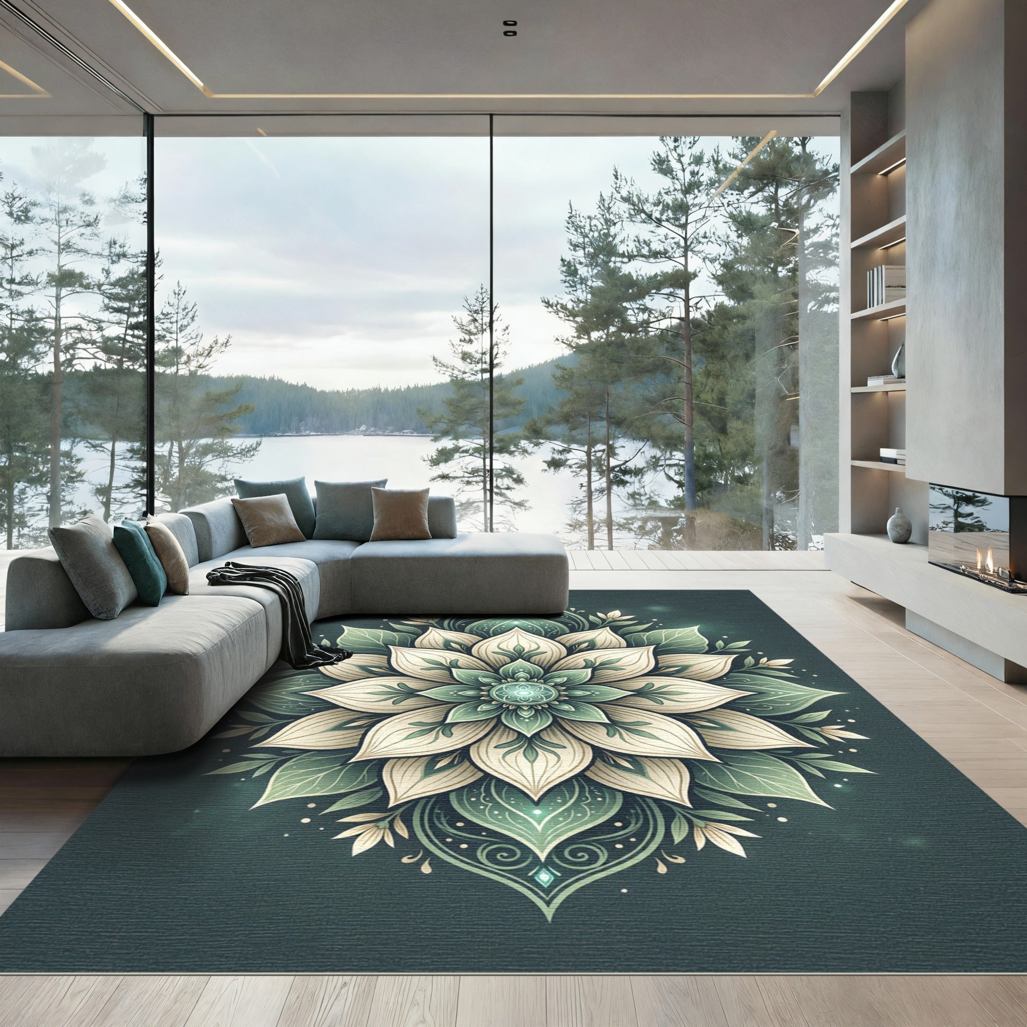 Ethereal Sage Teal Lotus Medallion Rug