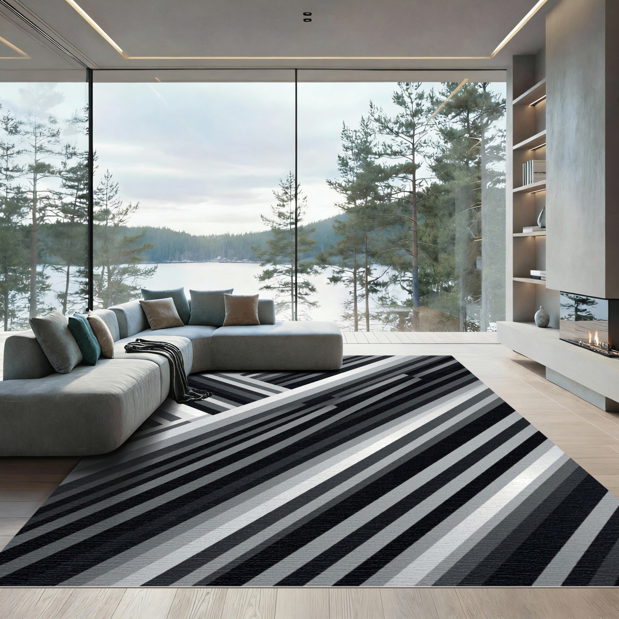 Monochrome Diagonal Stripe Overlap Rug
