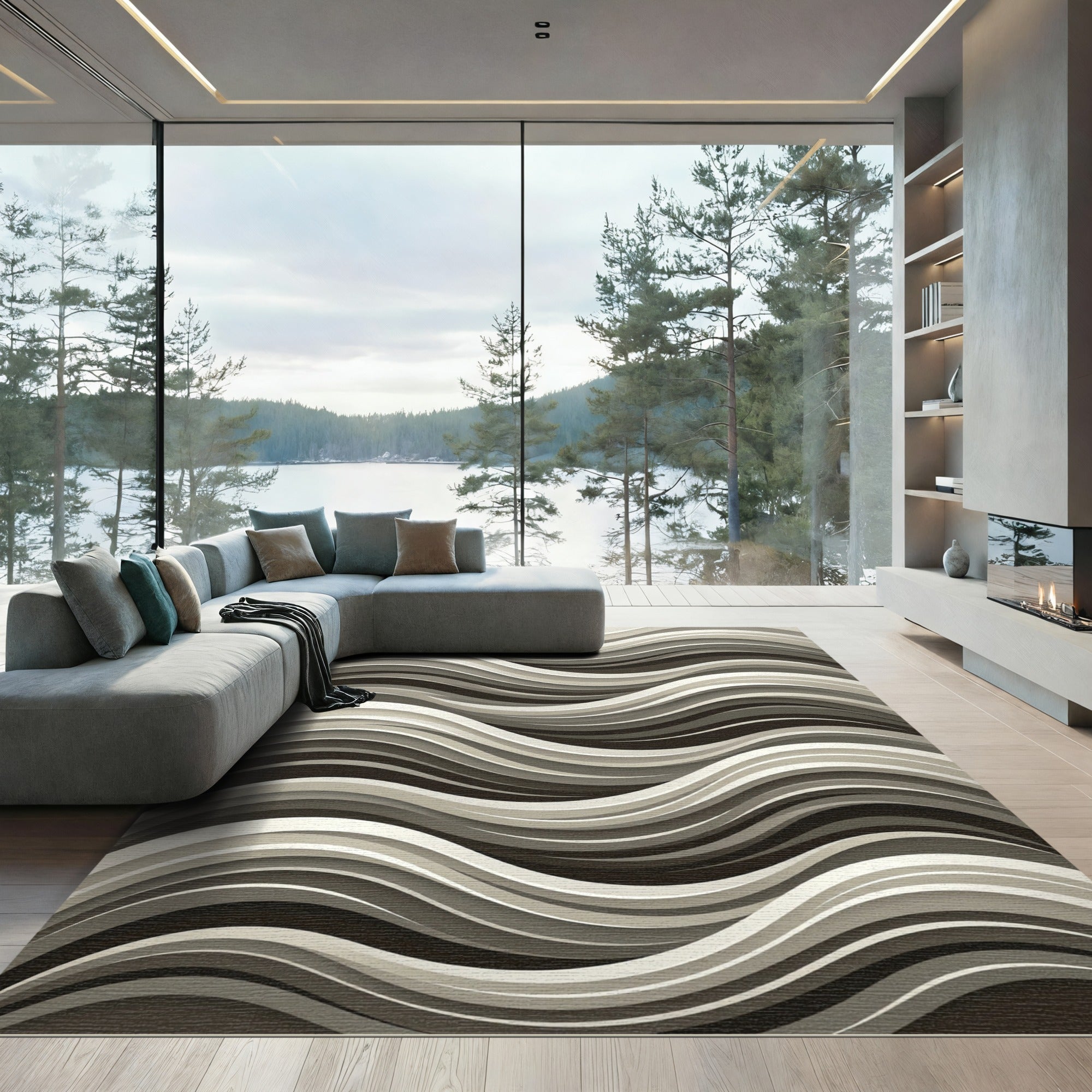 Modern Sculptural Monochrome Flowing Wave Rug
