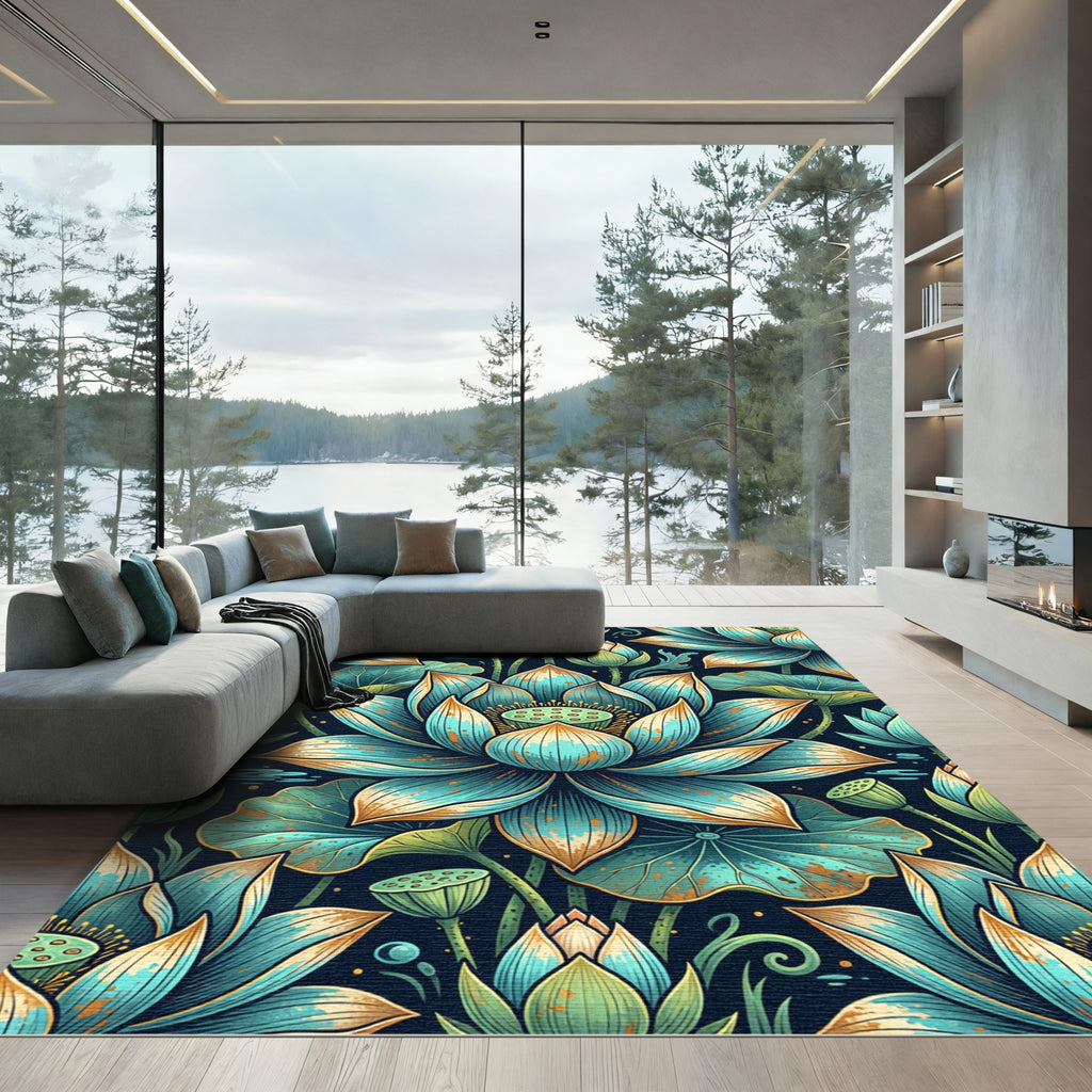 Teal Golden Lotus Blossom Botanical Rug