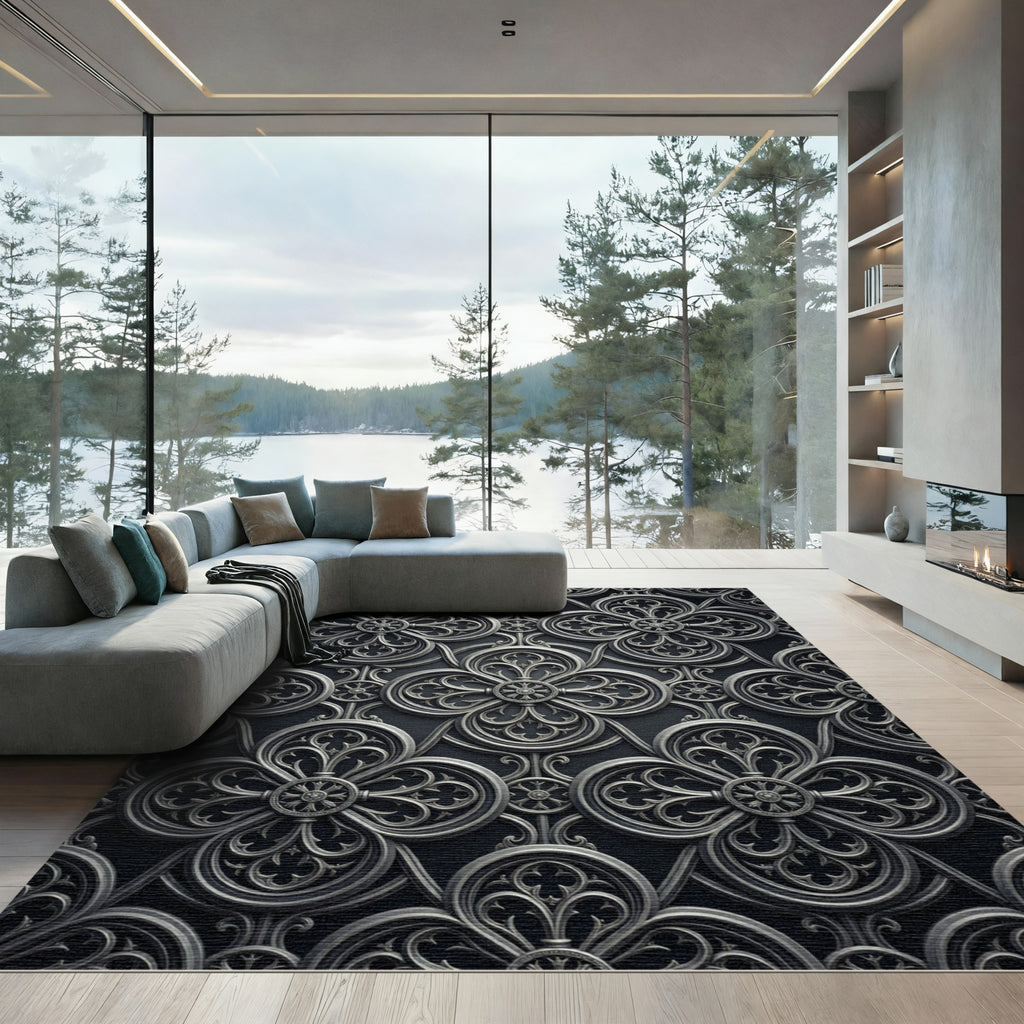 Sophisticated Charcoal Gothic Quatrefoil Scroll Rug