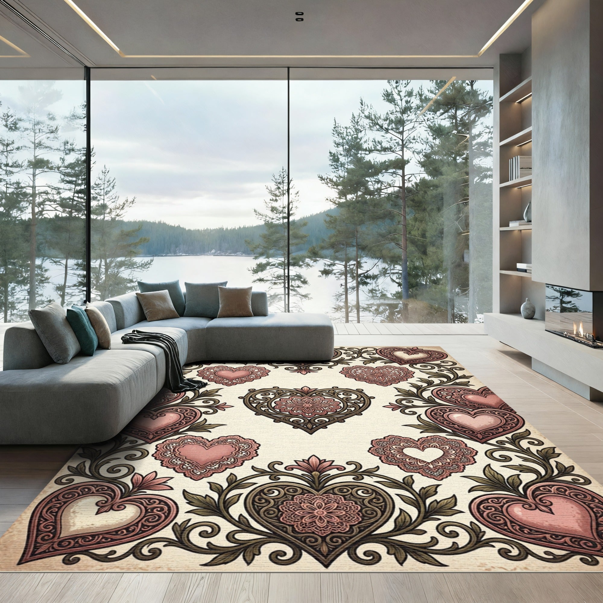 Ornate Pink Heart Scrollwork Garland Rug