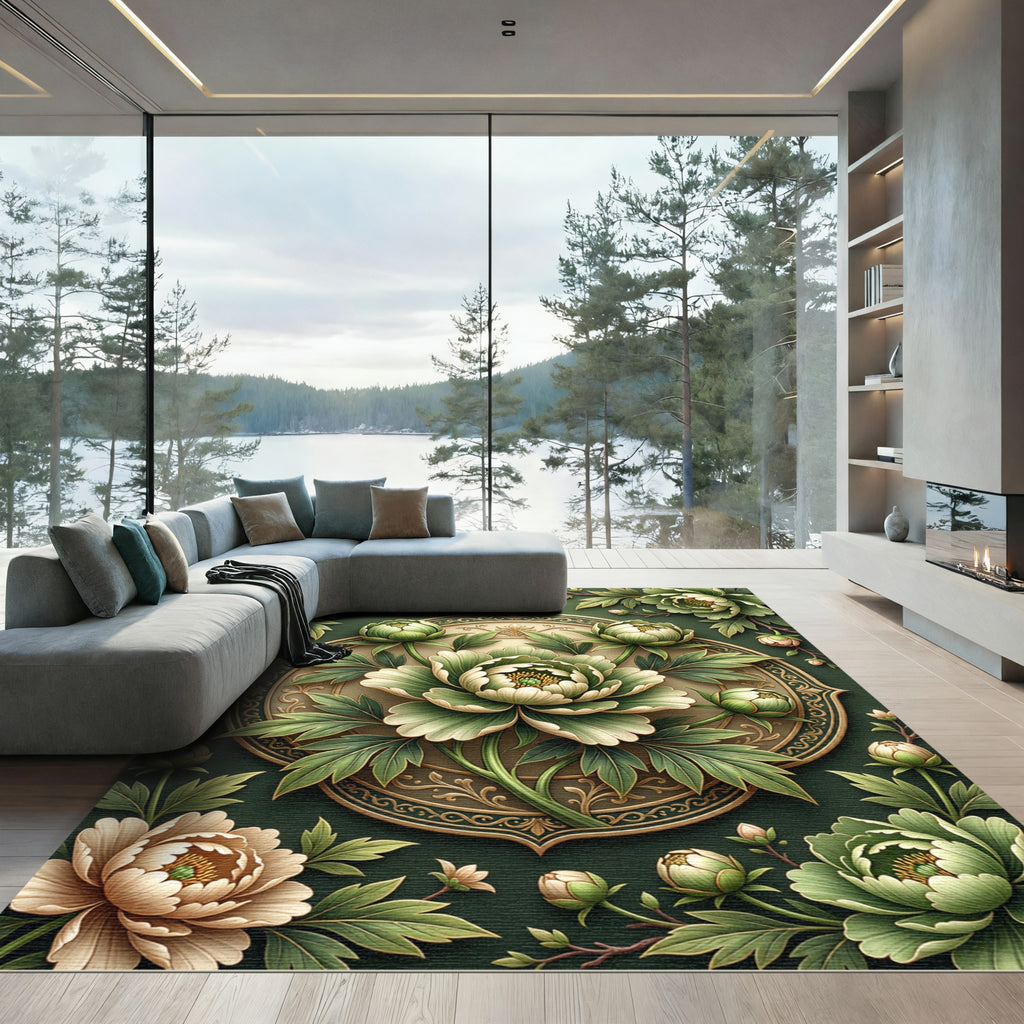 Emerald Green Peony Medallion Rug