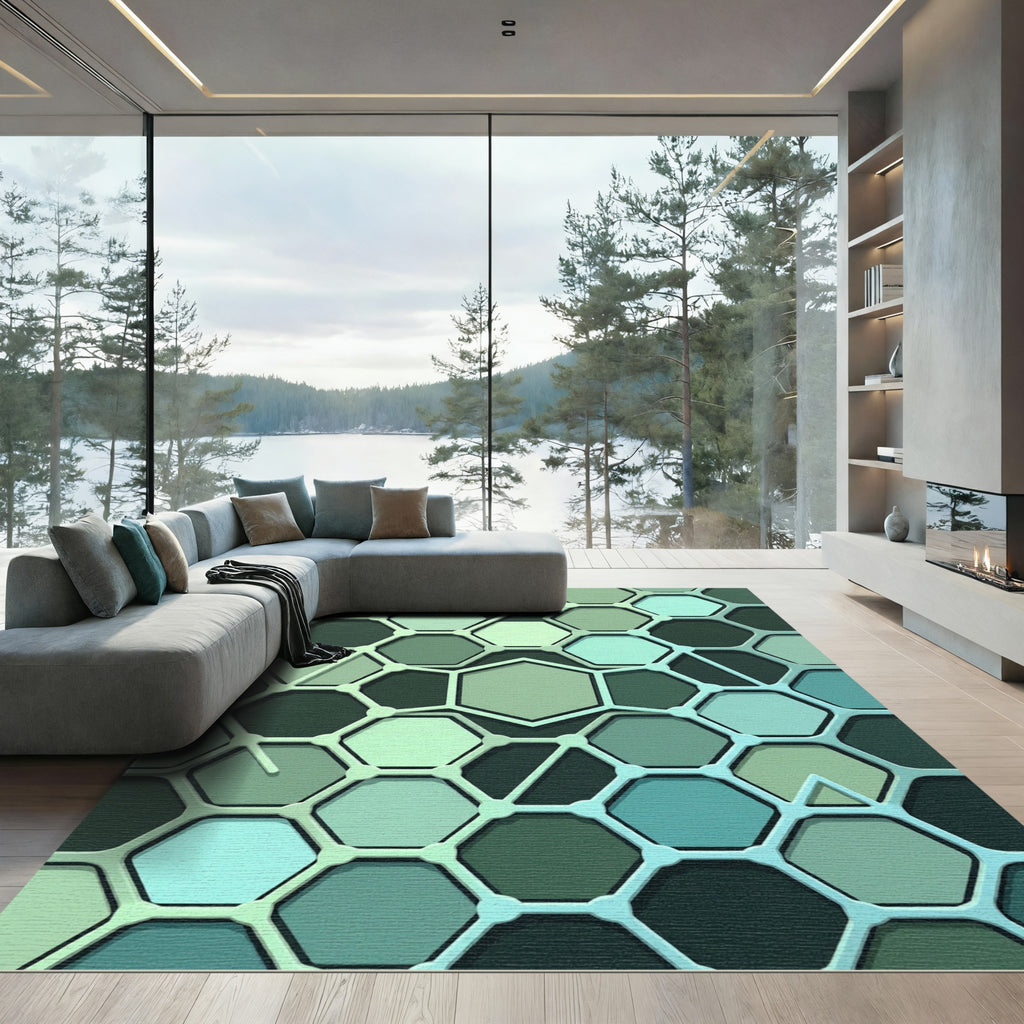 Earthy Green Hexagon Grid Rug