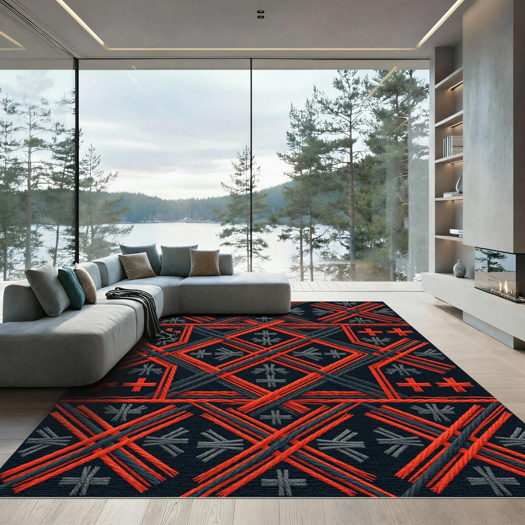 Bold Black Red Geometric Rope Weave Rug