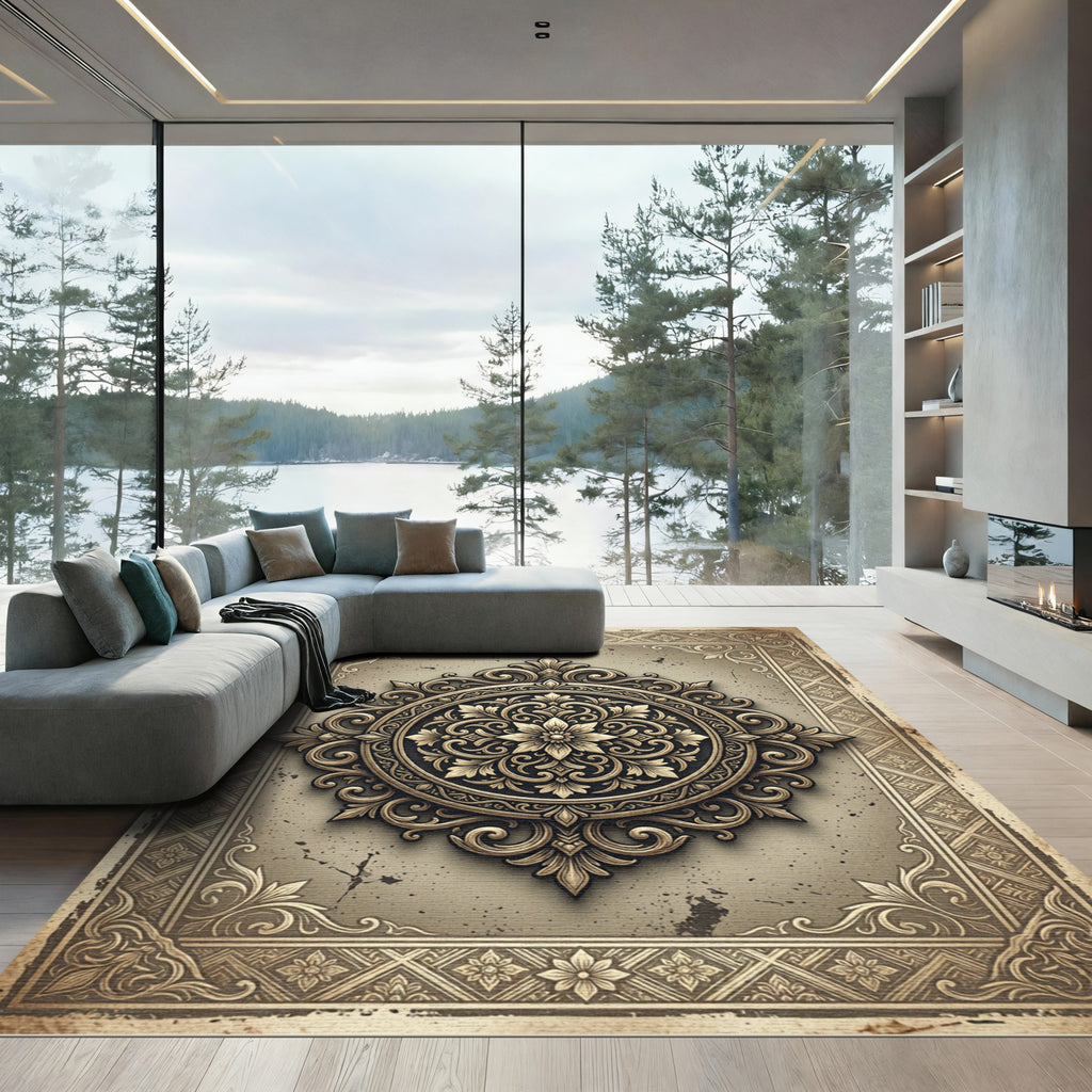 Ornate Golden Floral Filigree Medallion Rug