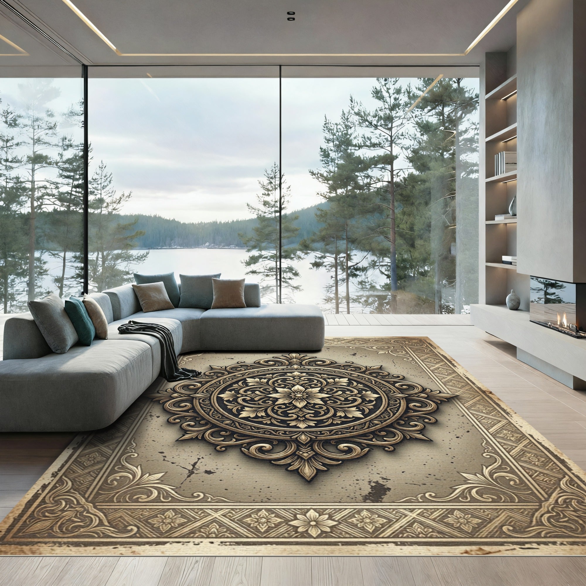 Ornate Golden Floral Filigree Medallion Rug