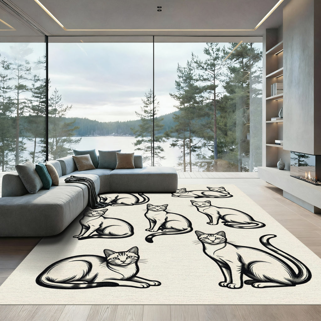 Elegant Monochrome Feline Line Art Drawing Rug