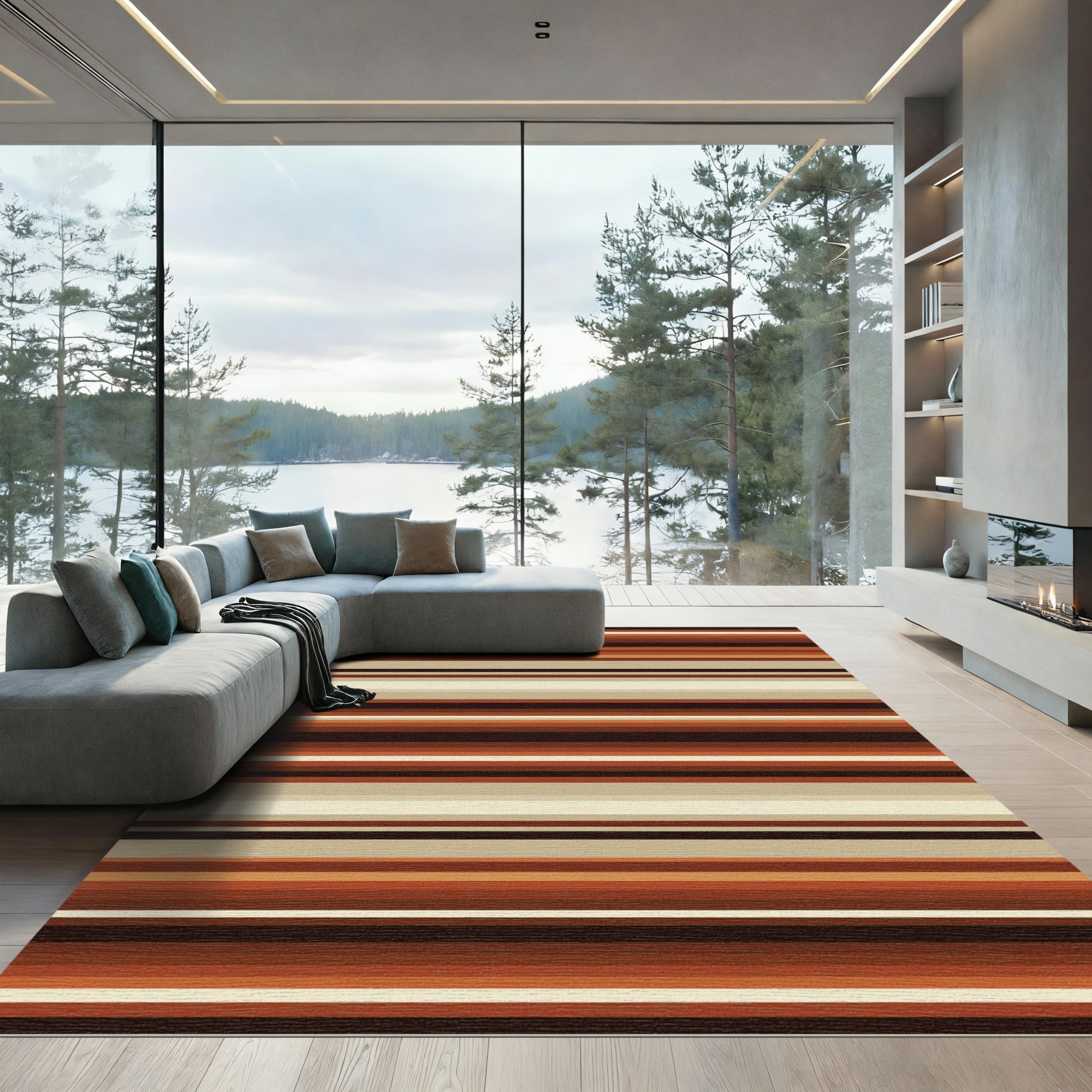 Earthy Brown and Cream Horizontal Stripes Rug