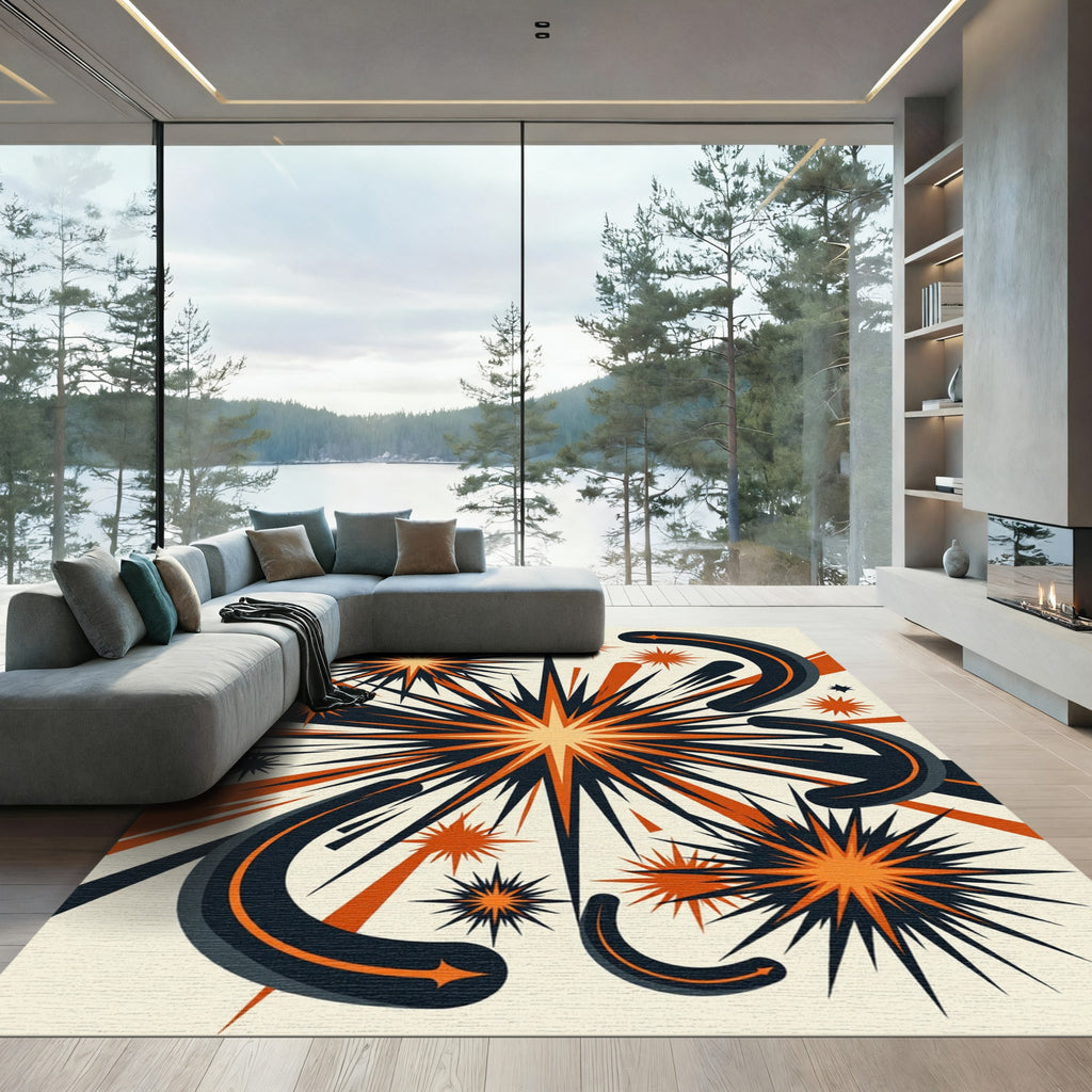 Retro Mid Century Orange Starburst Art Rug