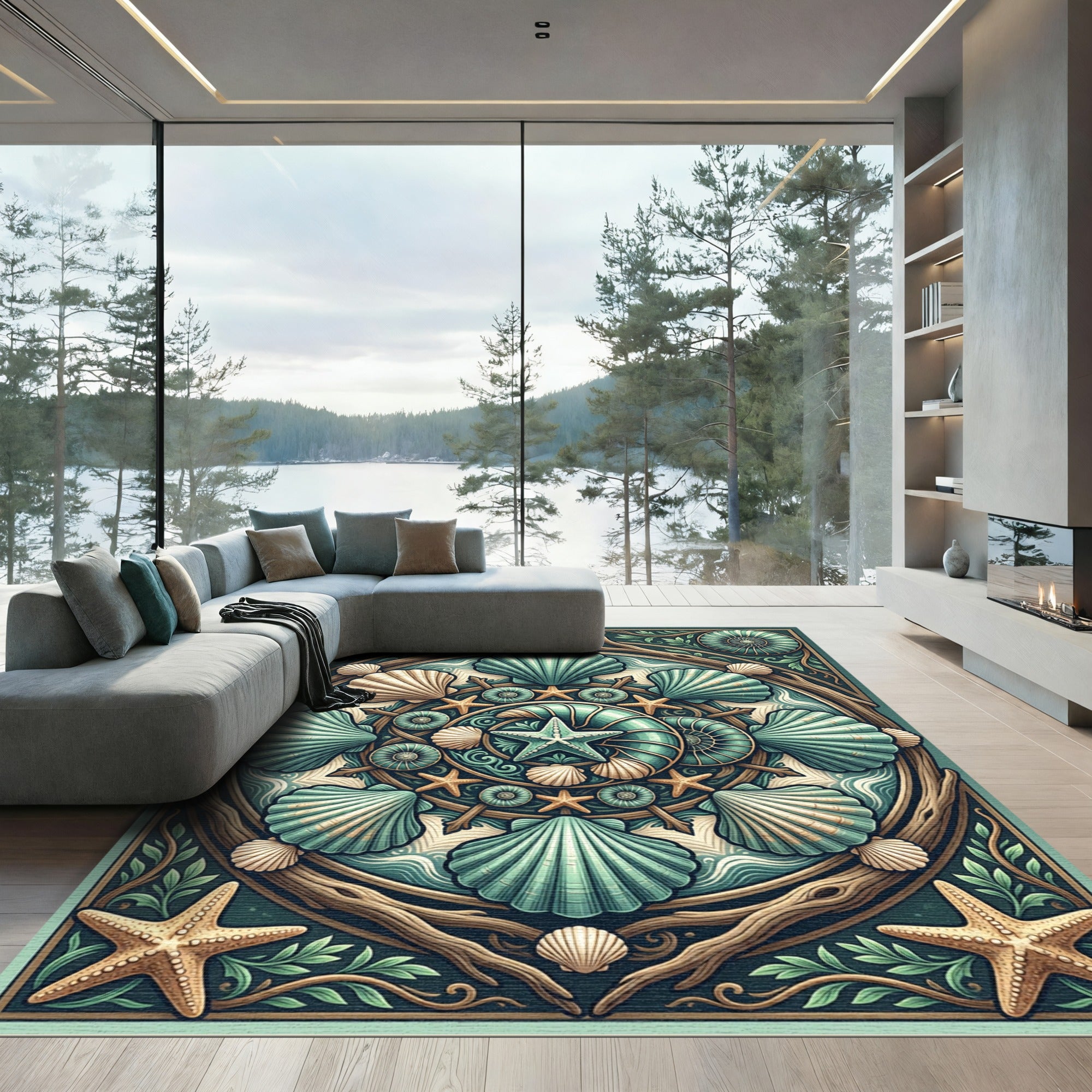 Coastal Teal Shell And Starfish Mandala Rug