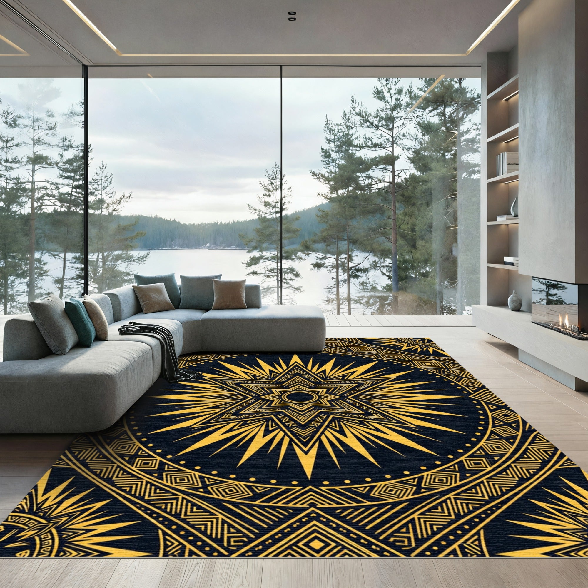 Golden Celestial Star Geometric Art Rug