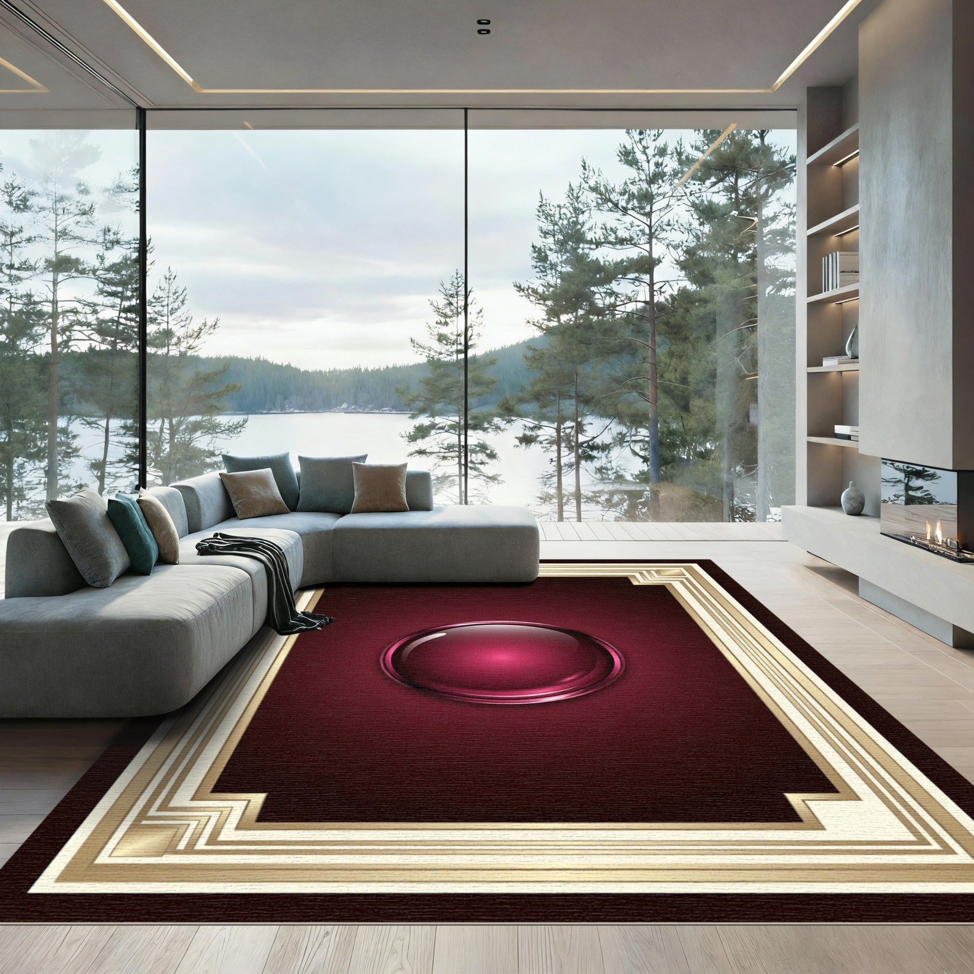 Elegant Burgundy Sphere Ornate Gold Frame Rug