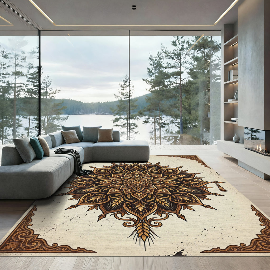 Antique Golden Wheat Mandala Medallion Rug
