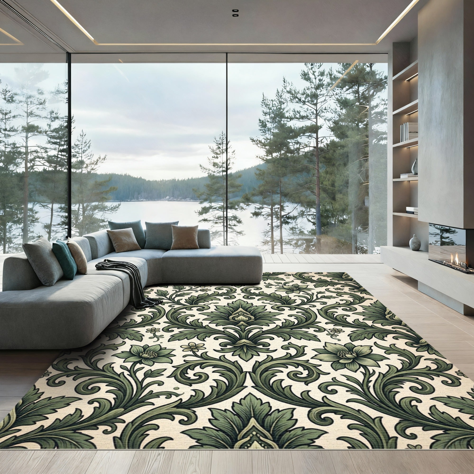 Vintage Sage Green Damask Scroll Garden Rug