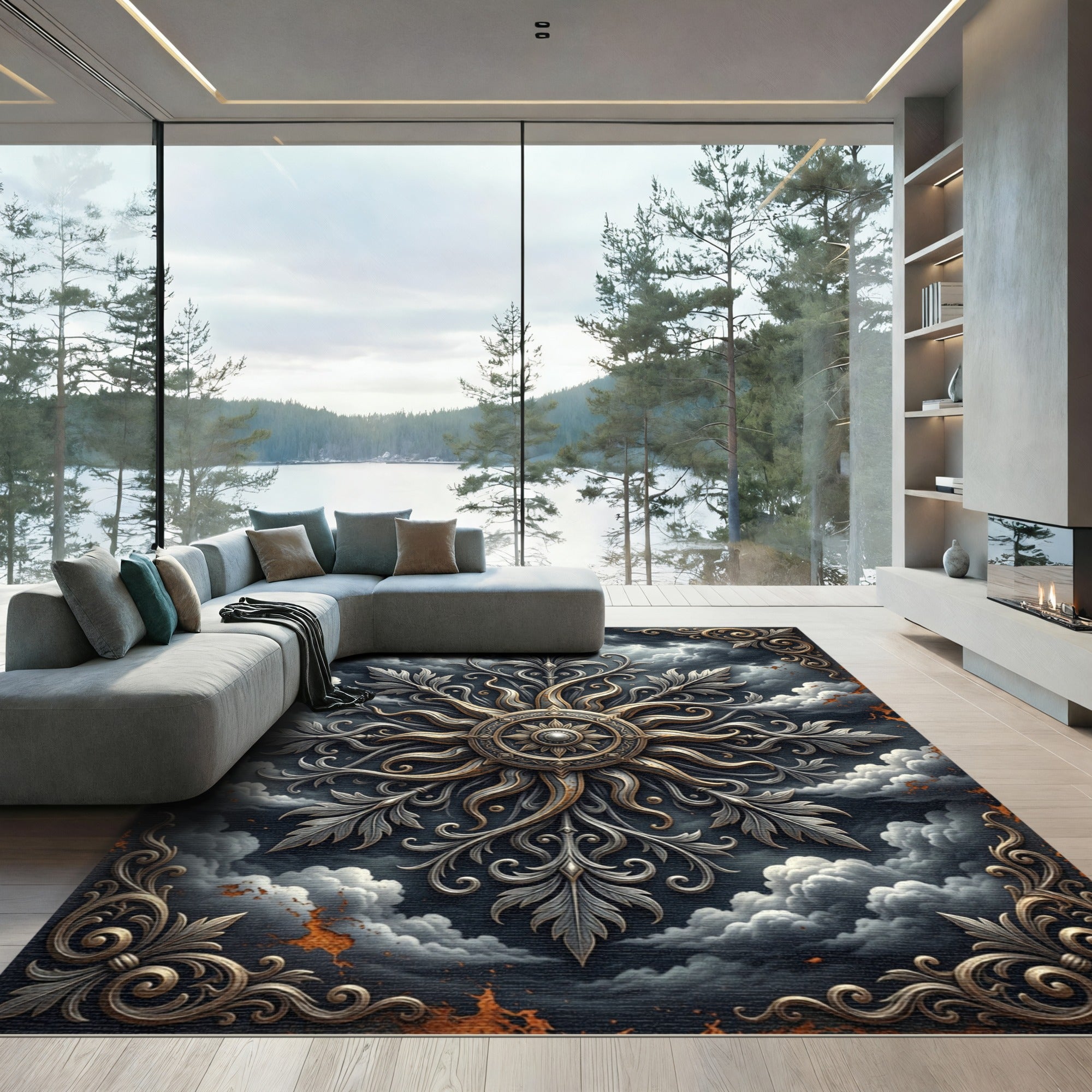 Celestial Silver Ornate Sunburst Floral Rug