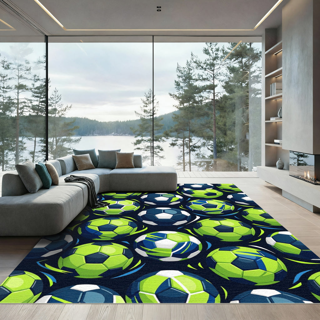 Energetic Neon Lime Soccer Ball Graphic Rug
