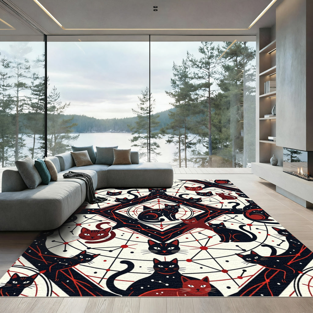 Black Red Celestial Cat Constellation Rug