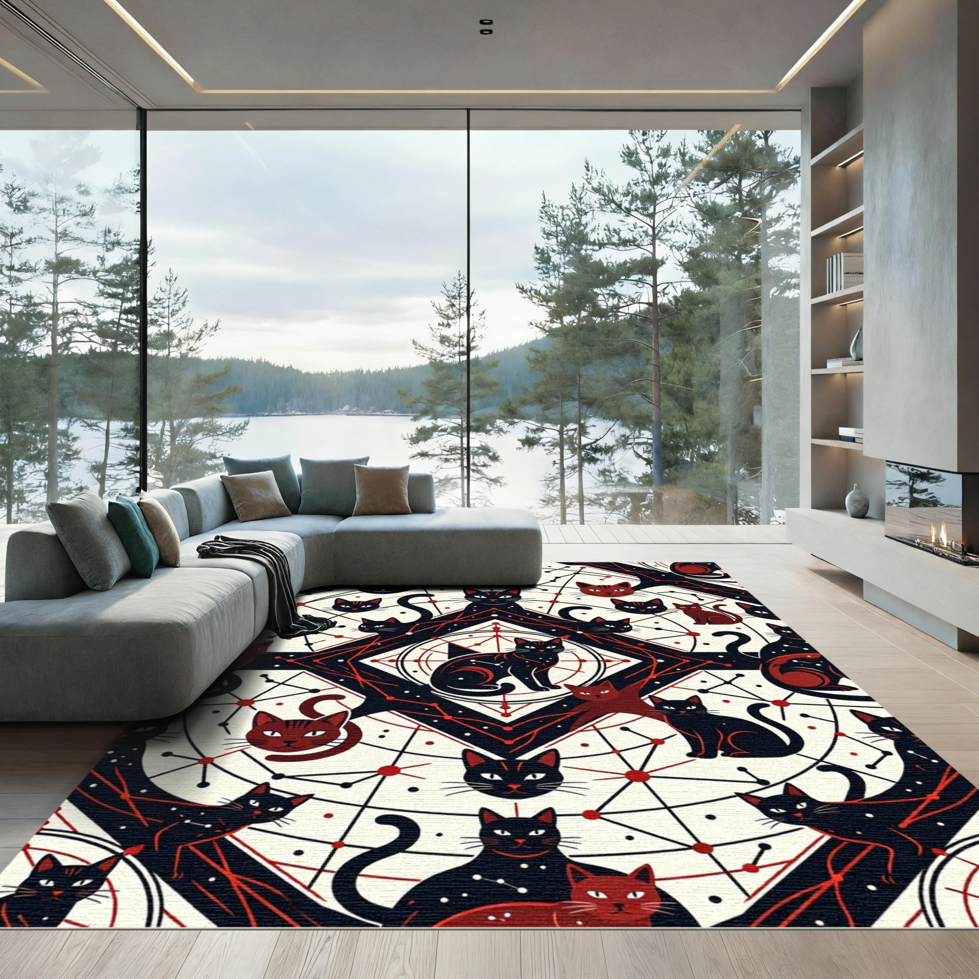 Black Red Celestial Cat Constellation Rug