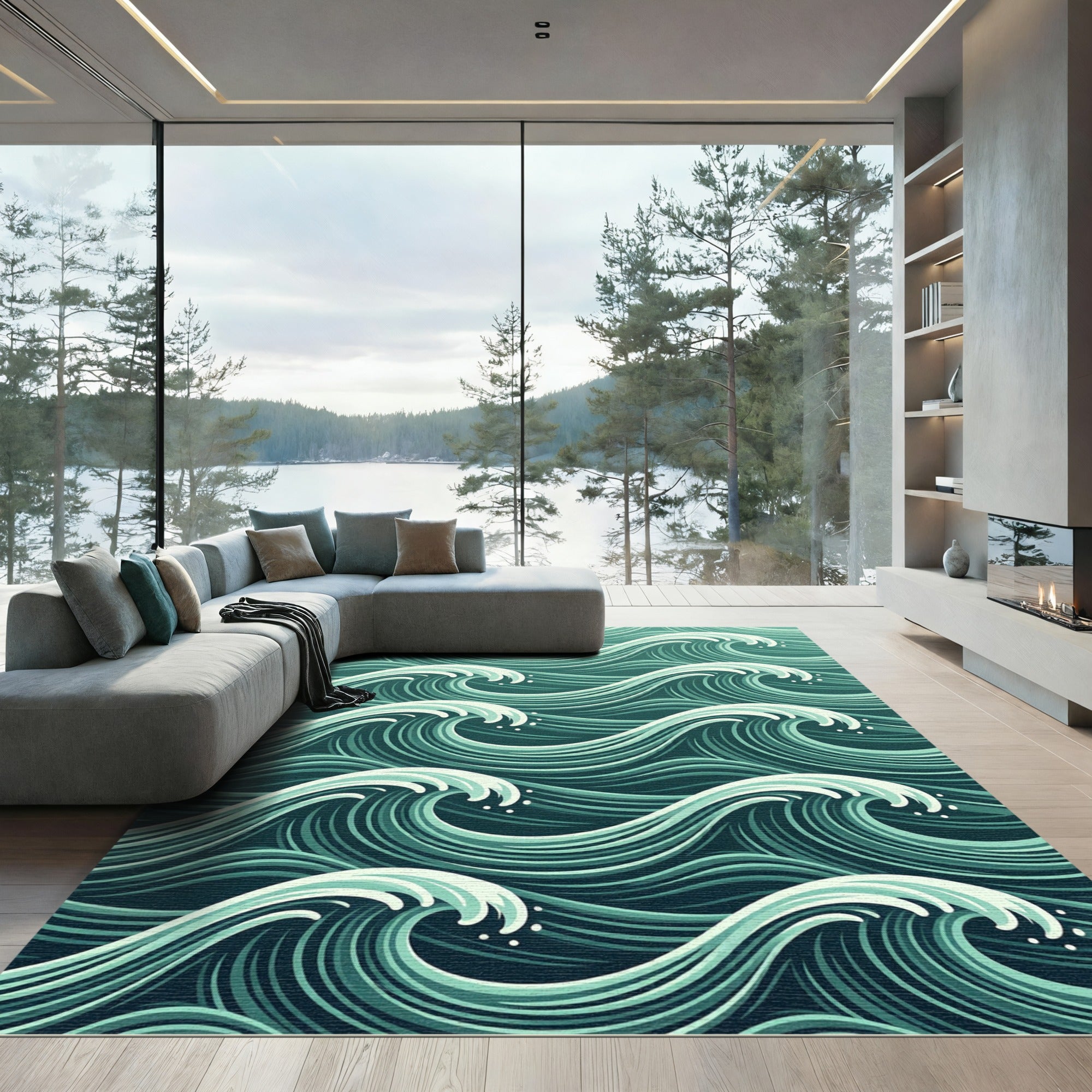 Ethereal Teal Ocean Wave Sea Ripples Rug