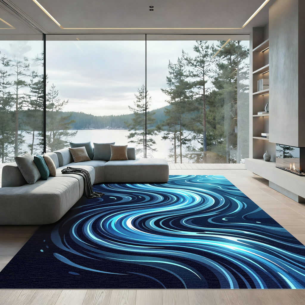 Abstract Swirling Ocean Blue Wave Rug