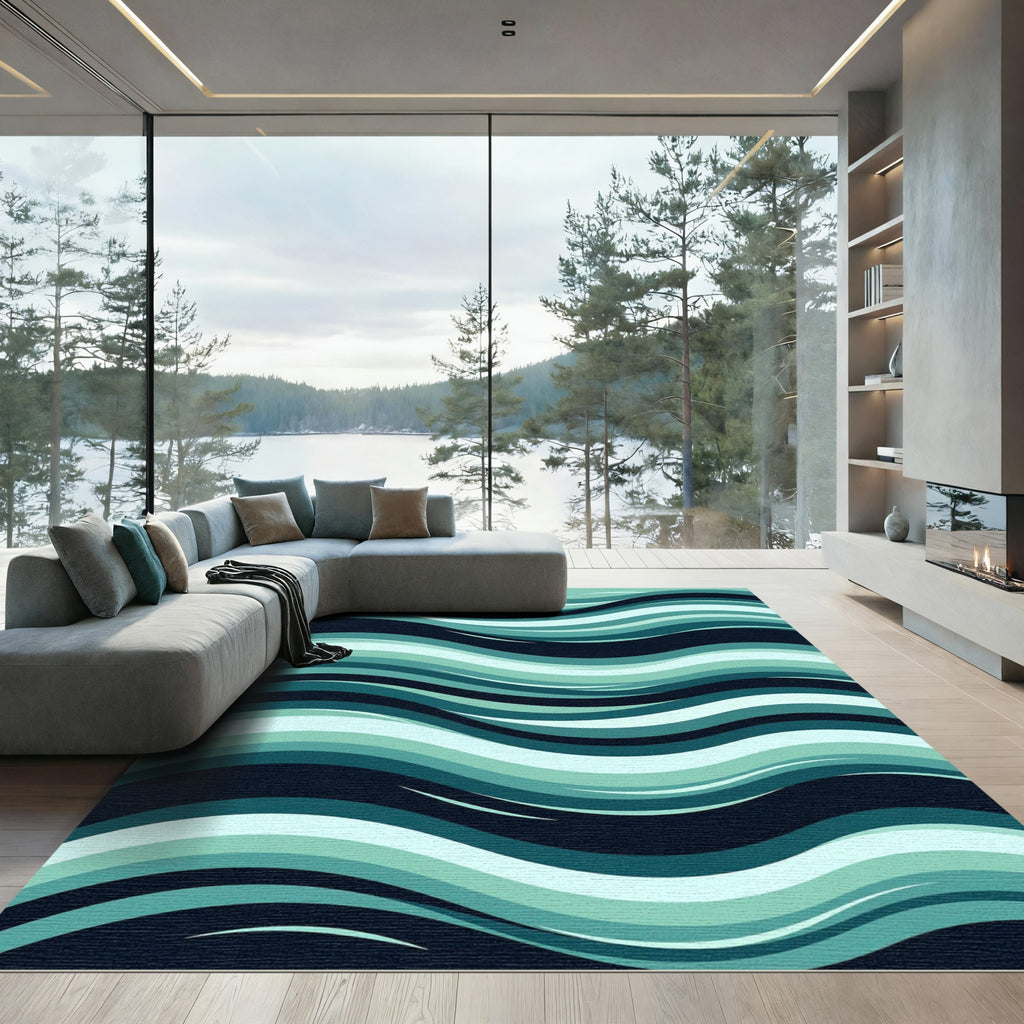 Ocean Teal Wavy Abstract Ripple Rug