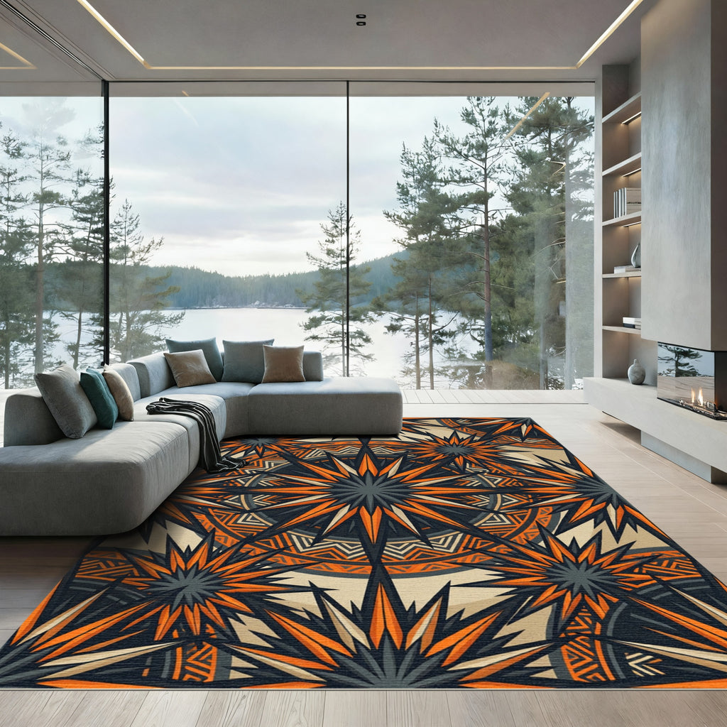 Angular Sunburst Geometric Orange Charcoal Rug