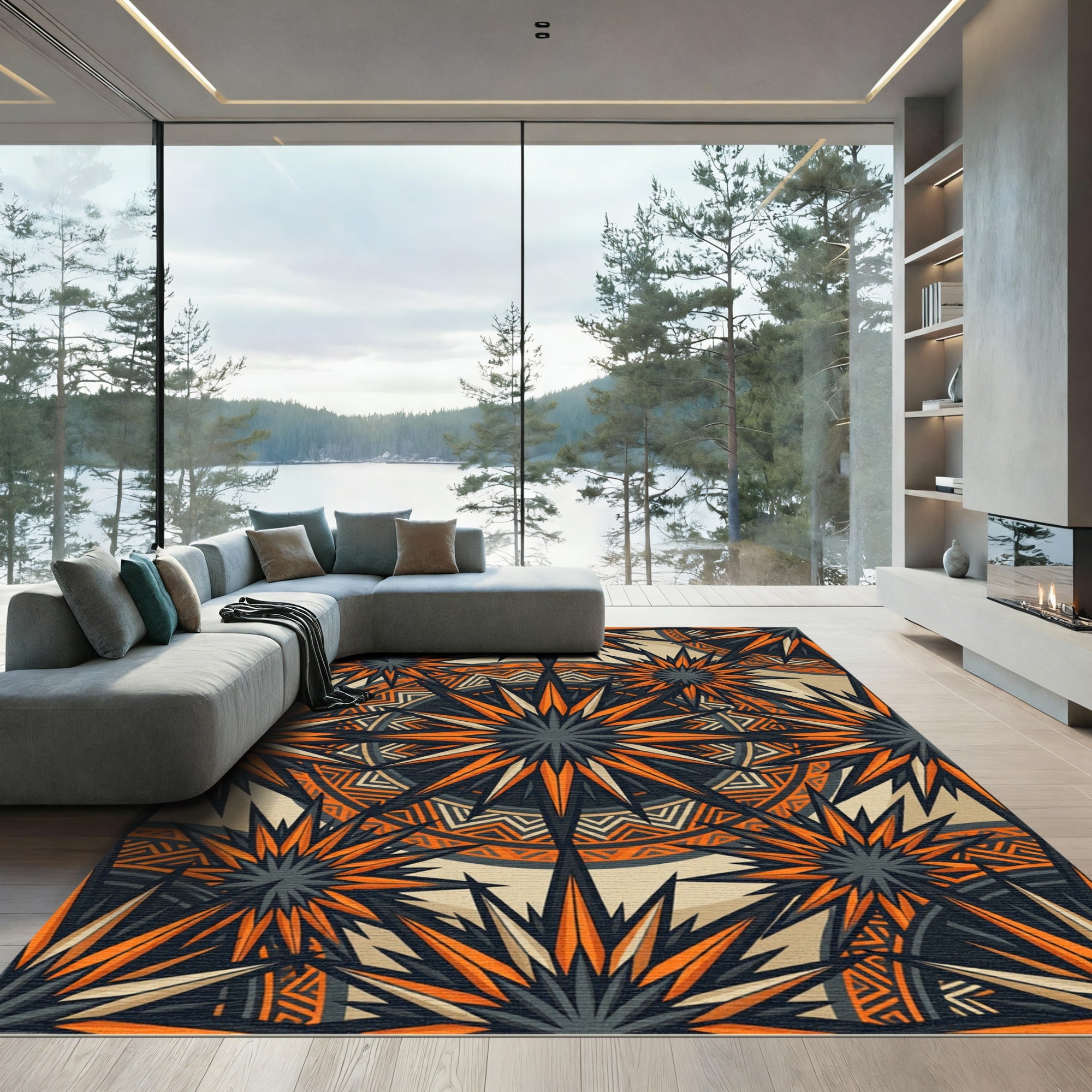 Angular Sunburst Geometric Orange Charcoal Rug