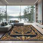 Ornate Gold Emblem Black Scrollwork Rug