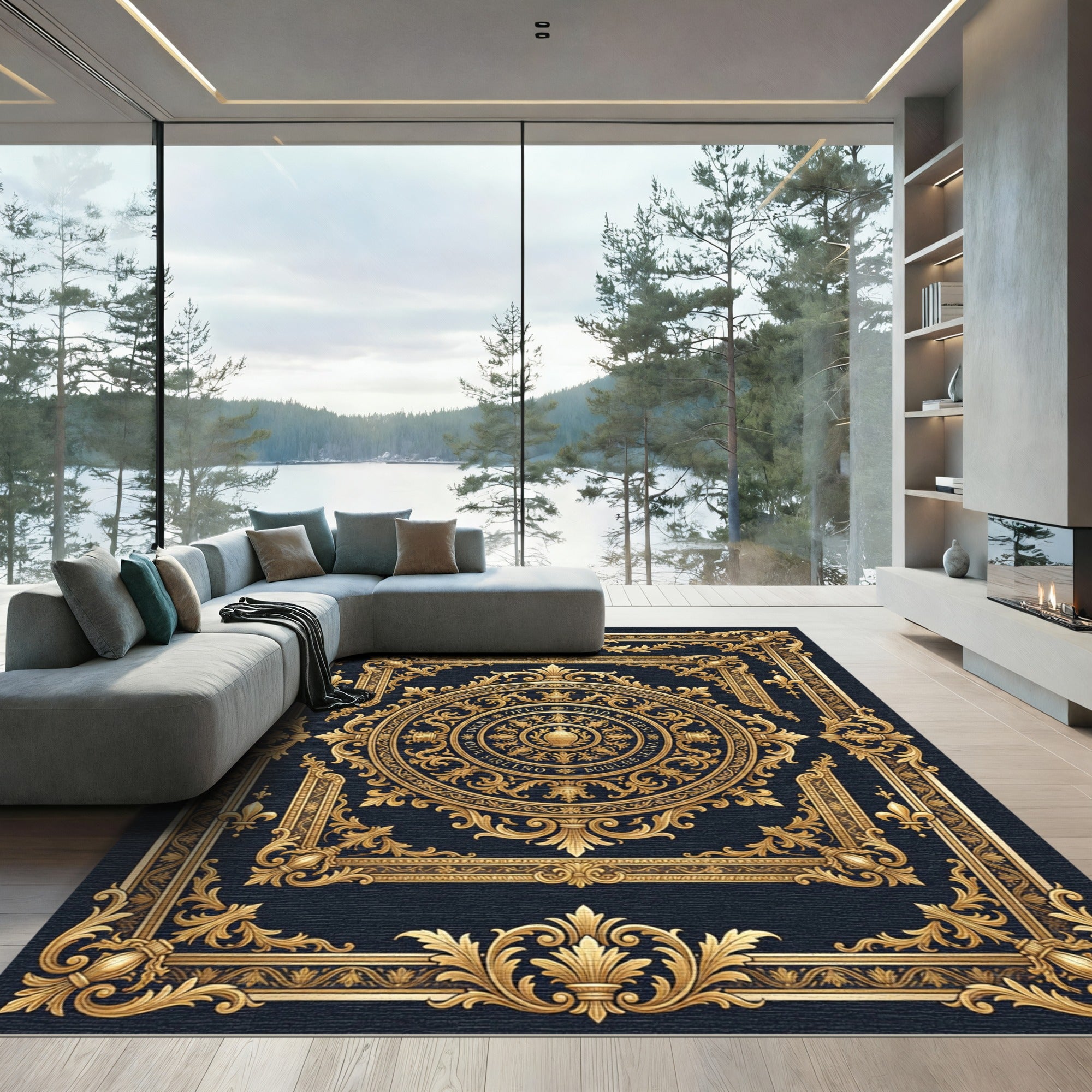 Ornate Gold Emblem Black Scrollwork Rug