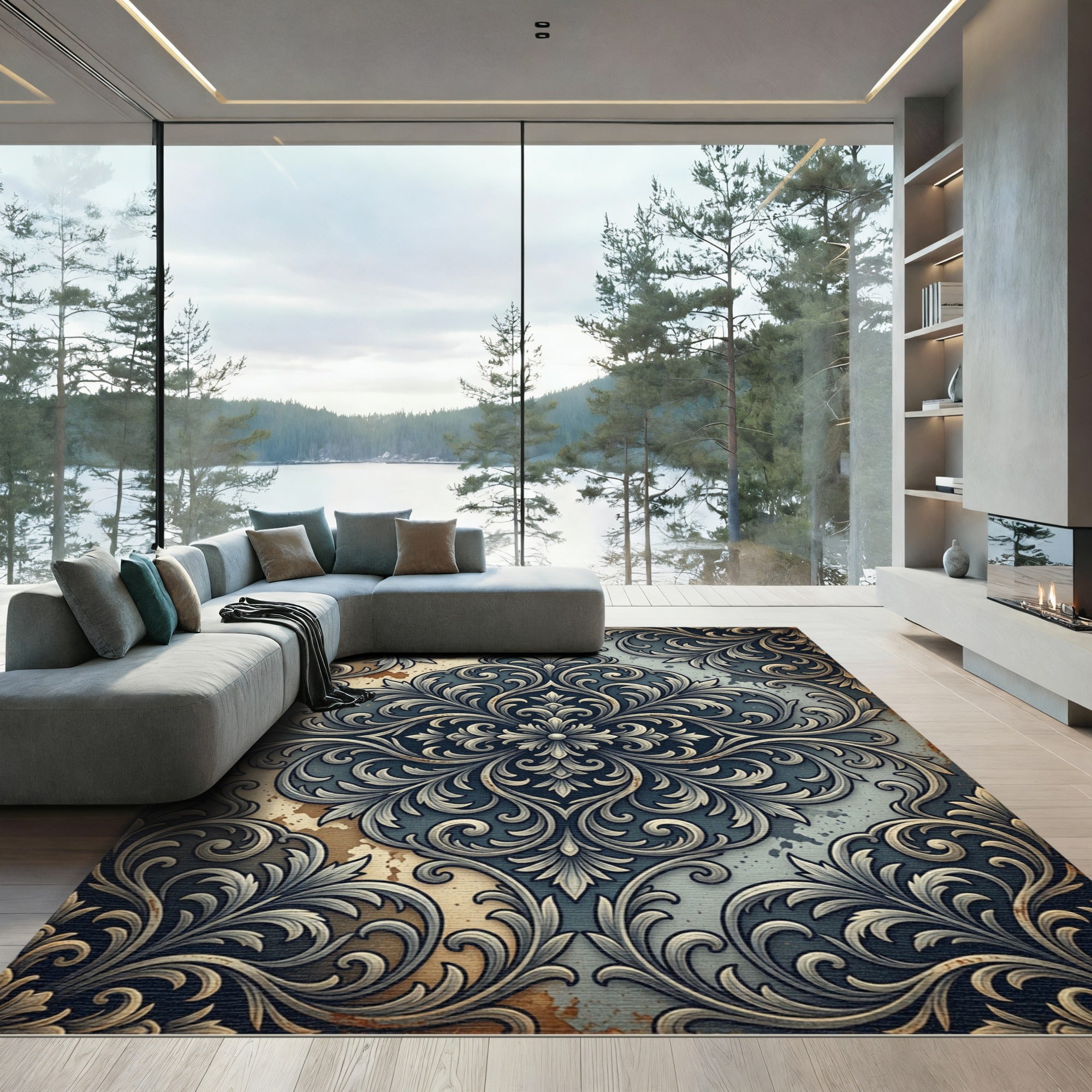 Elegant Damask Scrollwork Slate Beige Rug