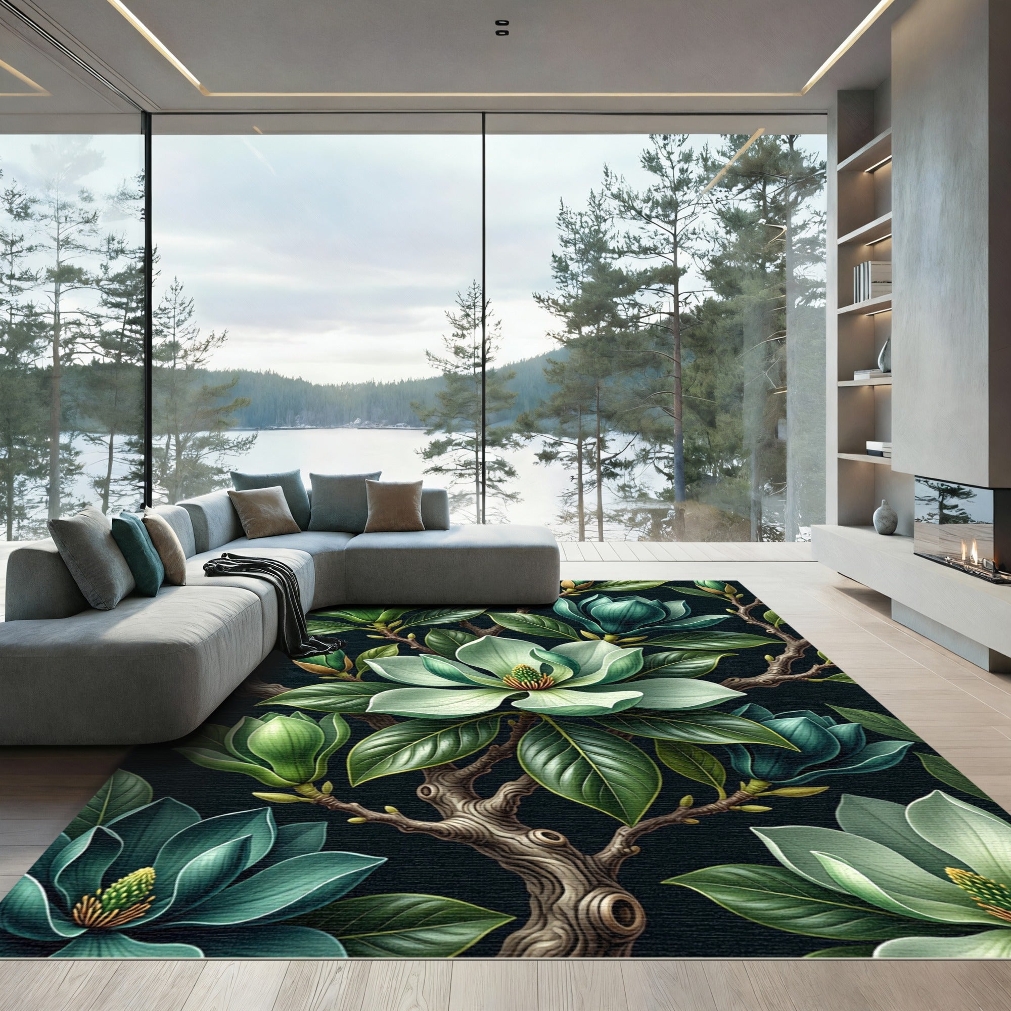 Lush Emerald Magnolia Botanical Illustration Rug