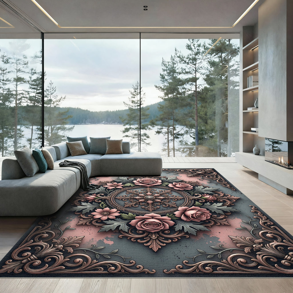 Pink Roses Baroque Scroll Medallion Rug