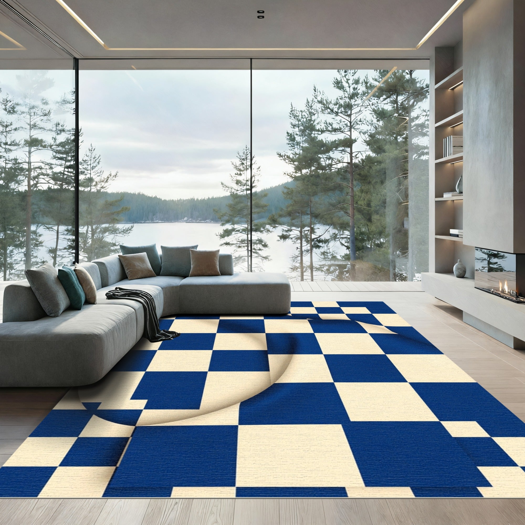 Royal Blue Cream Checkered Grid Rug