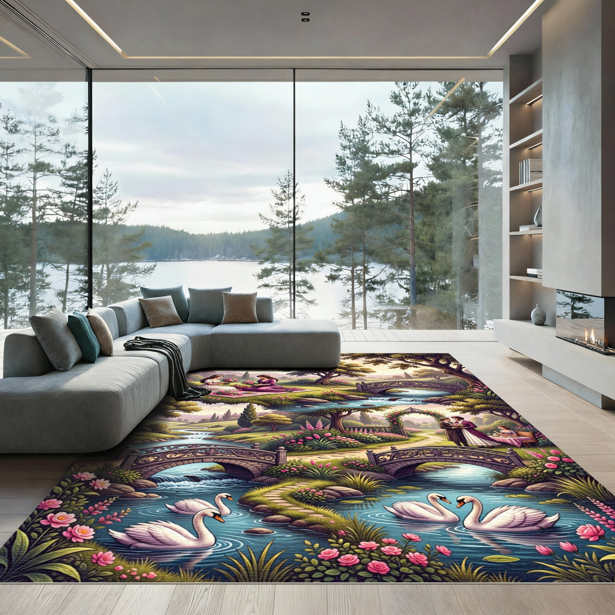 Romantic Garden Scene Swans Bicycles Rug