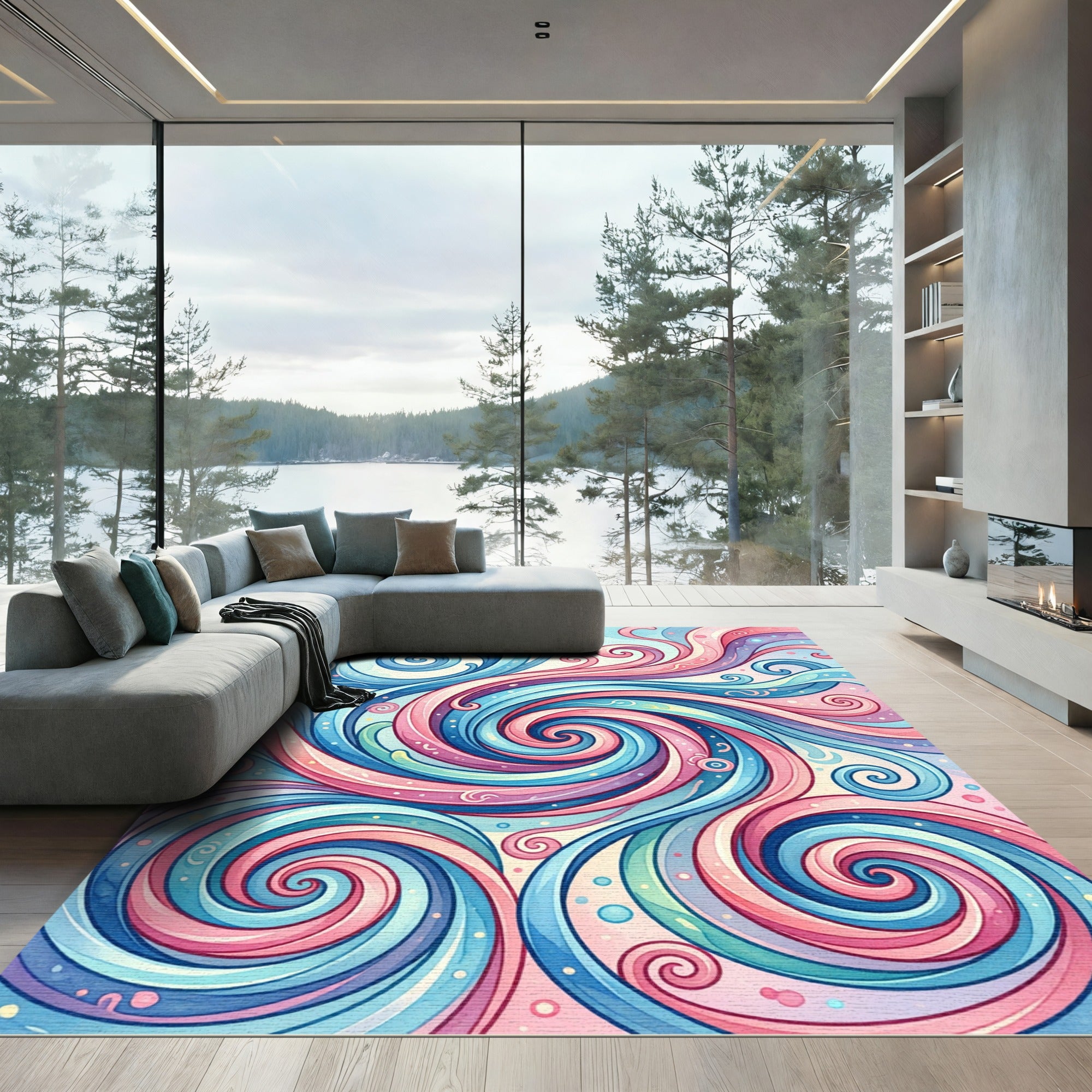 Pastel Swirl Abstract Blue Pink Flow Rug