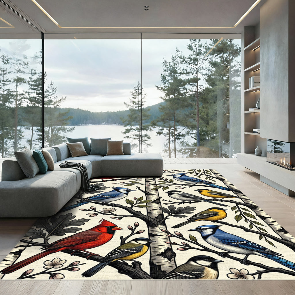 Birch Forest Songbird Illustration Rug
