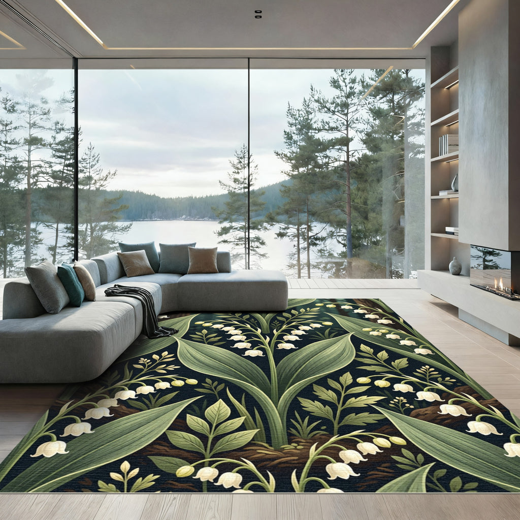 Elegant Dark Botanical Lily Valley Rug