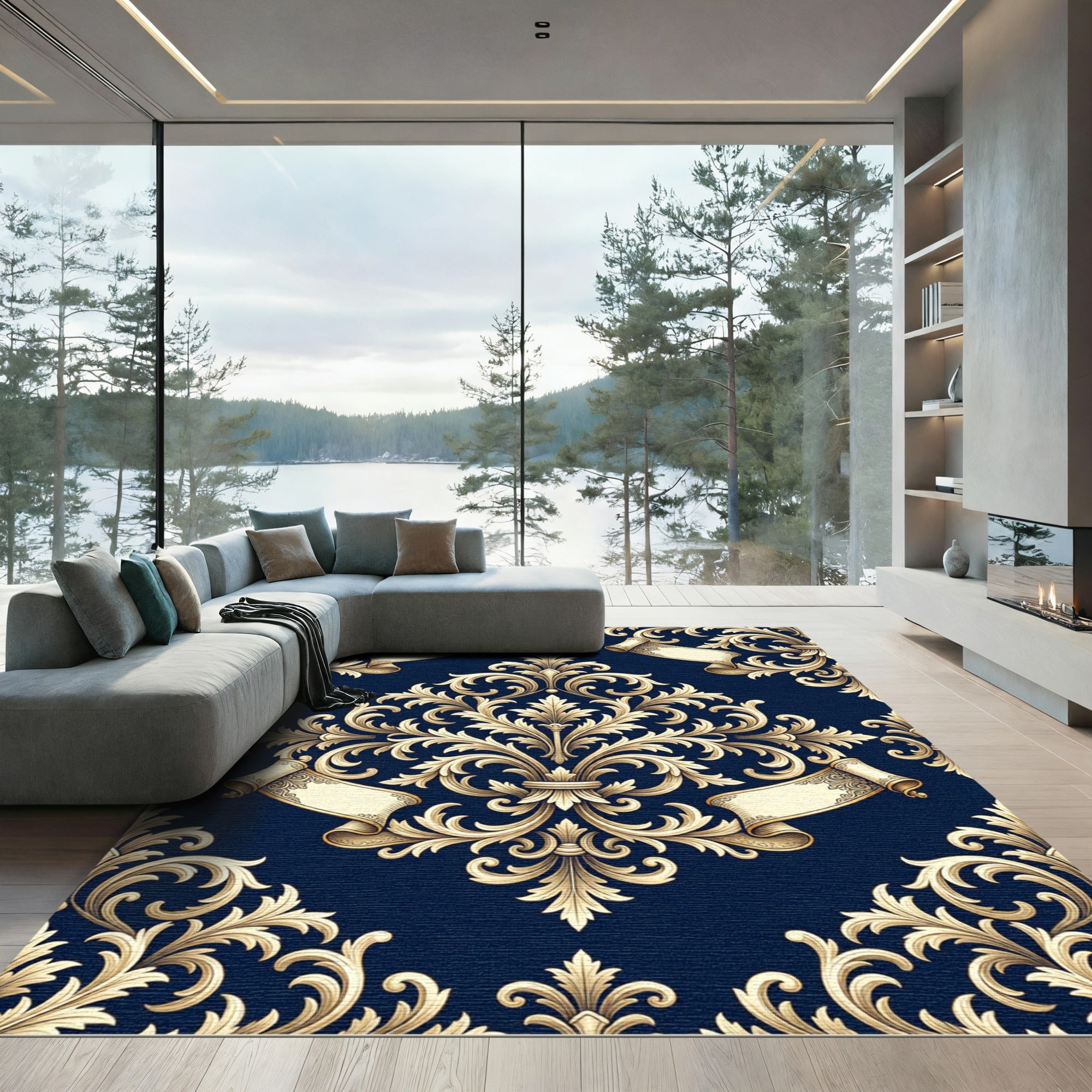 Elegant Navy Gold Baroque Scroll Rug