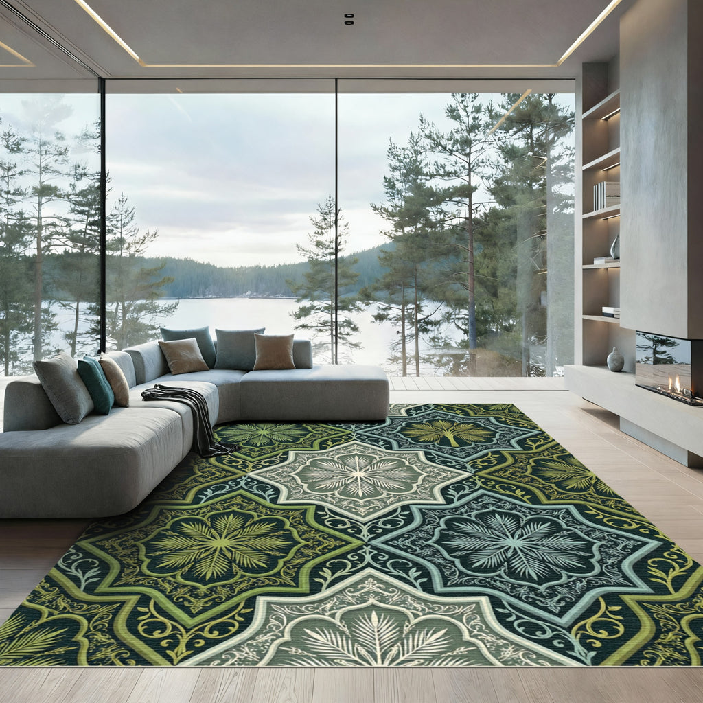Emerald Green Floral Palmette Medallion Rug