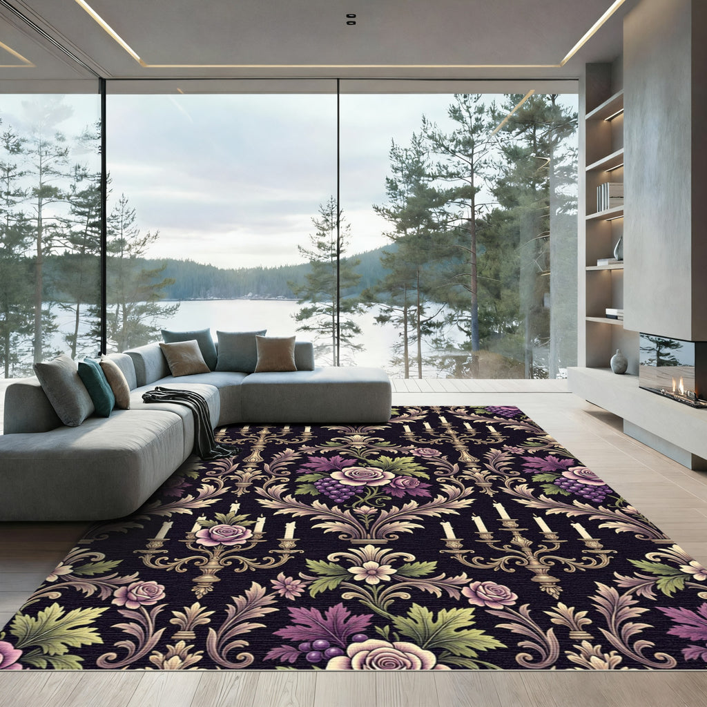 Gothic Rose Candelabra Grape Damask Rug