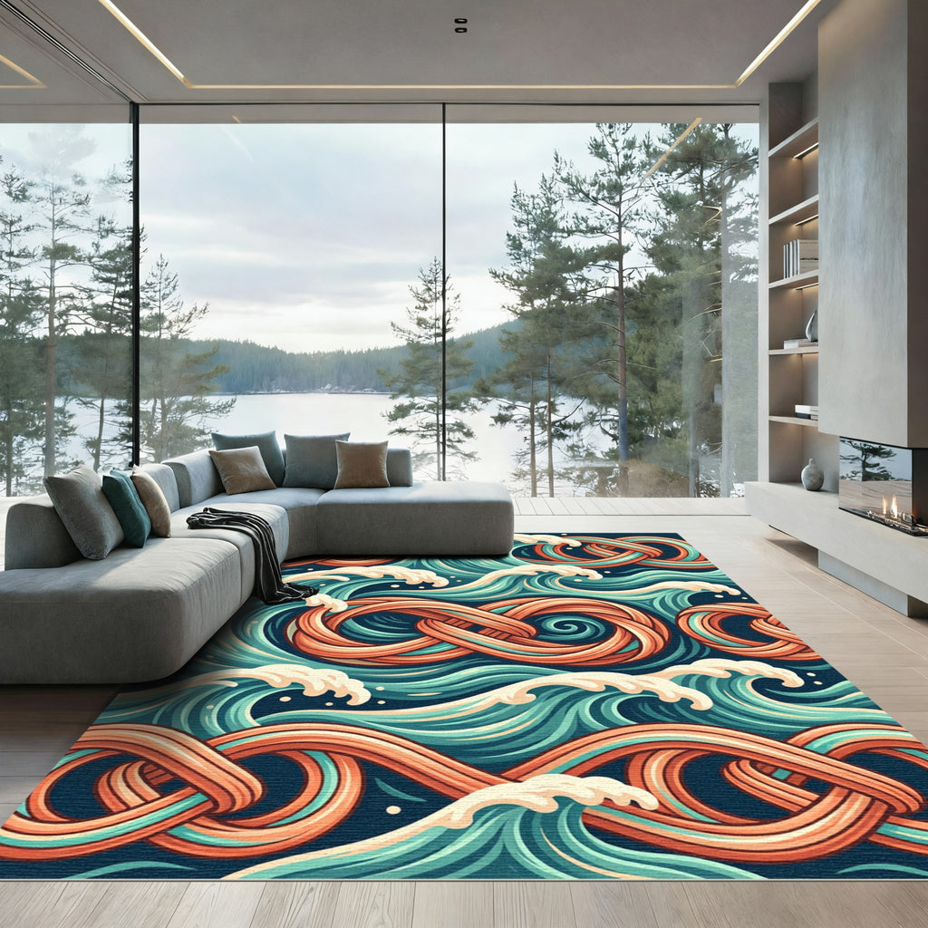Oceanic Infinity Blue Orange Waves Rug