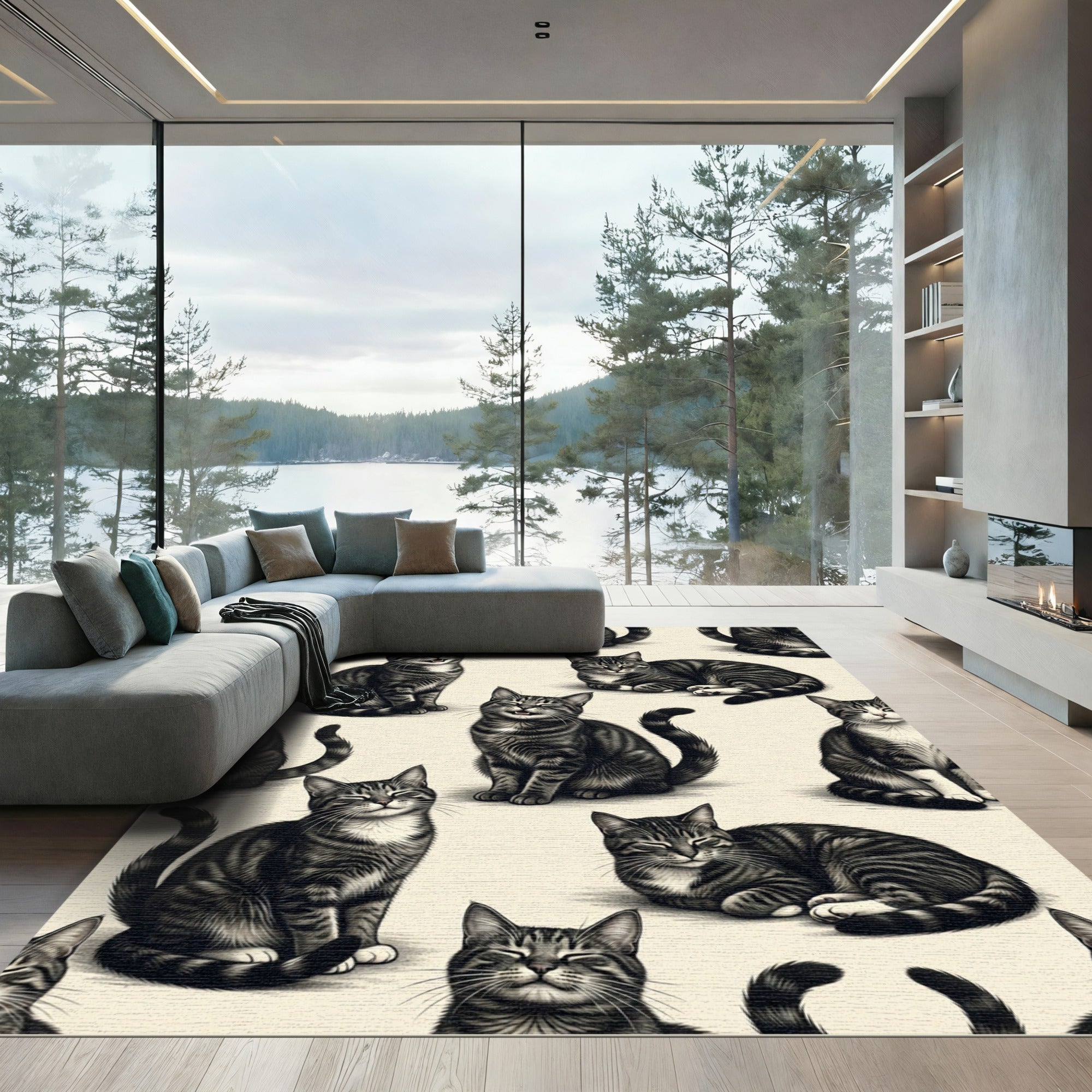 Cheerful Charcoal Tabby Cat Illustration Rug