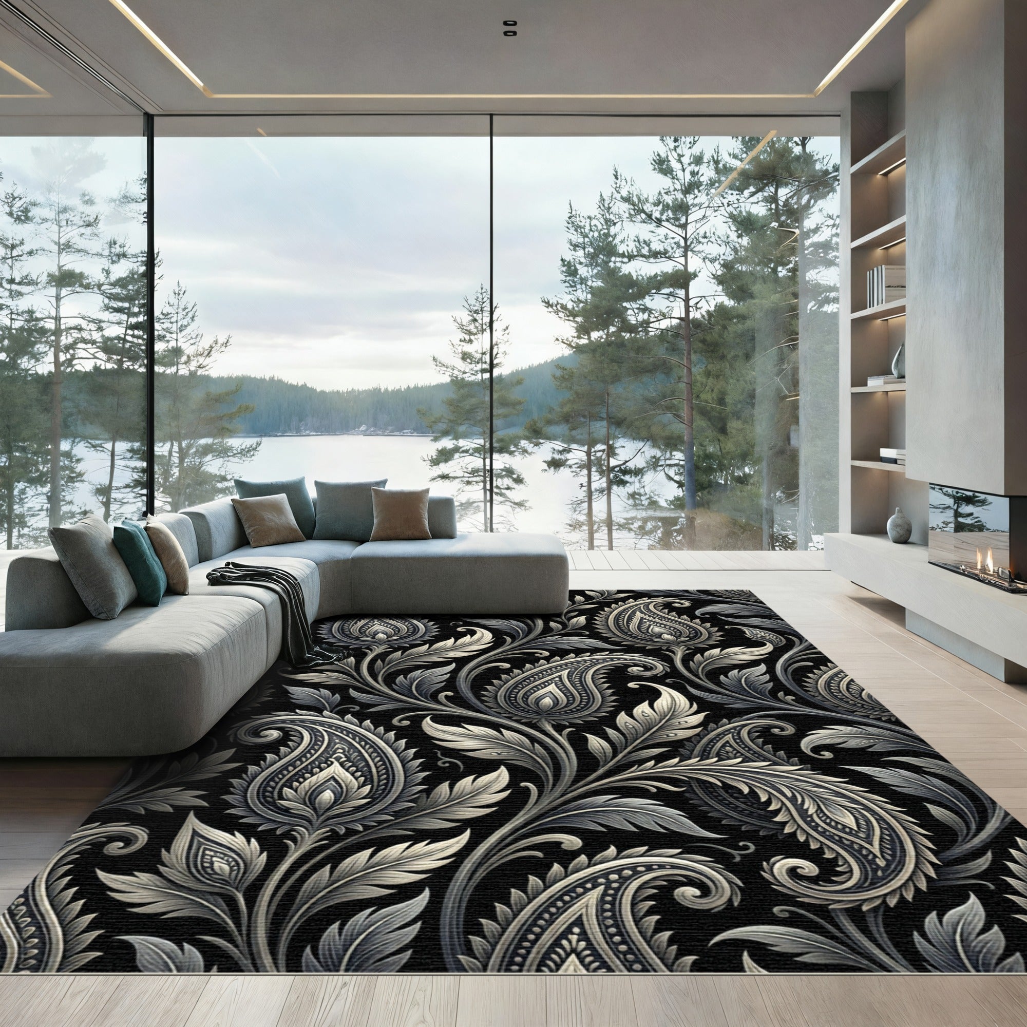 Monochromatic Paisley Floral Scroll Rug