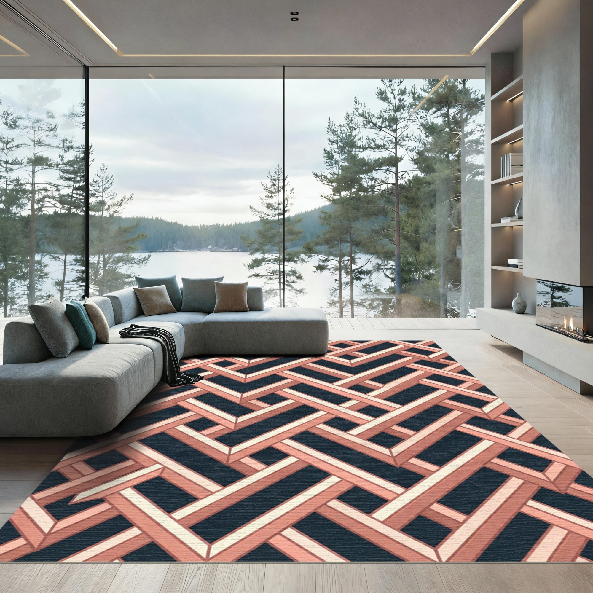 Geometric Coral Interlocking Lattice Rug
