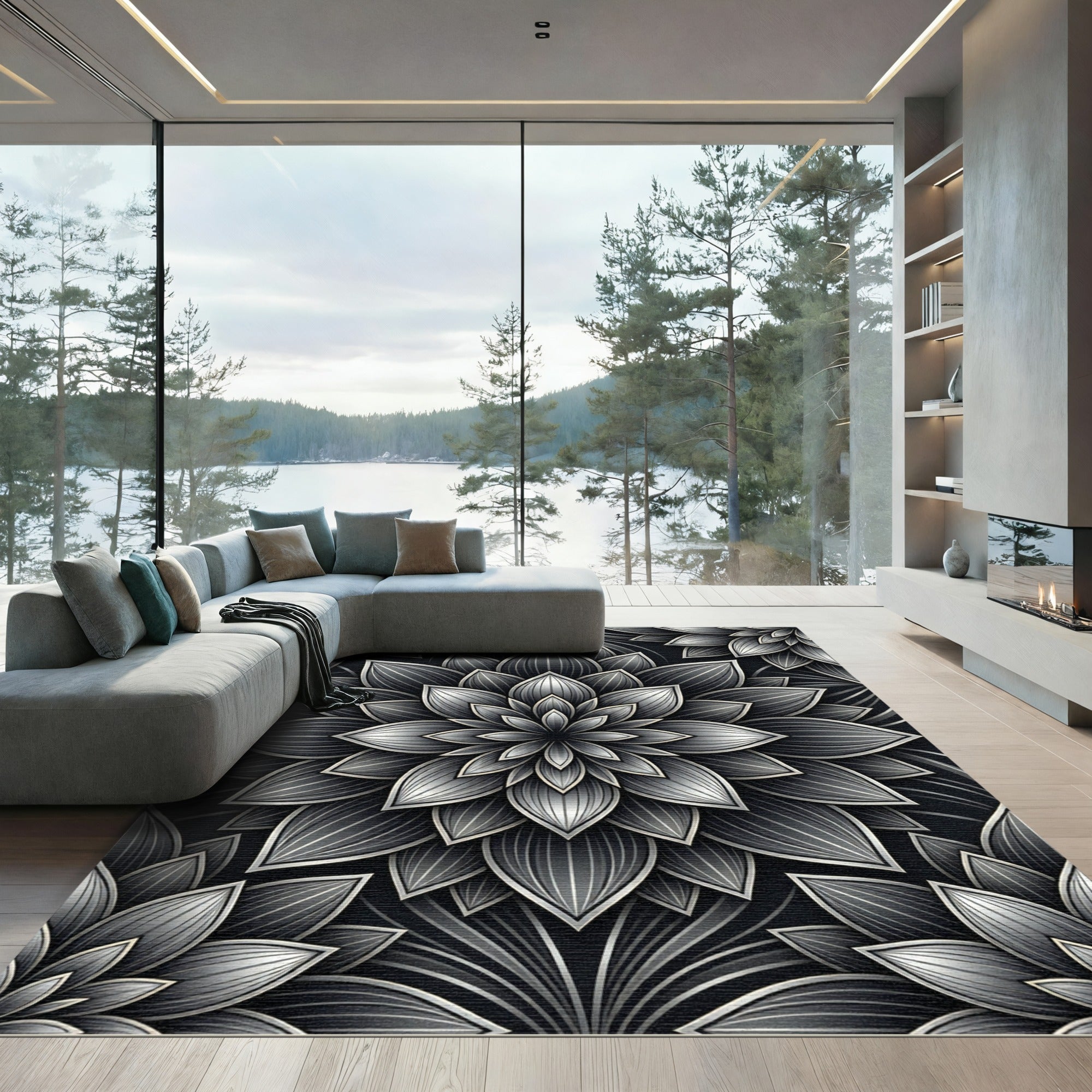 Monochromatic Floral Mandala Rug