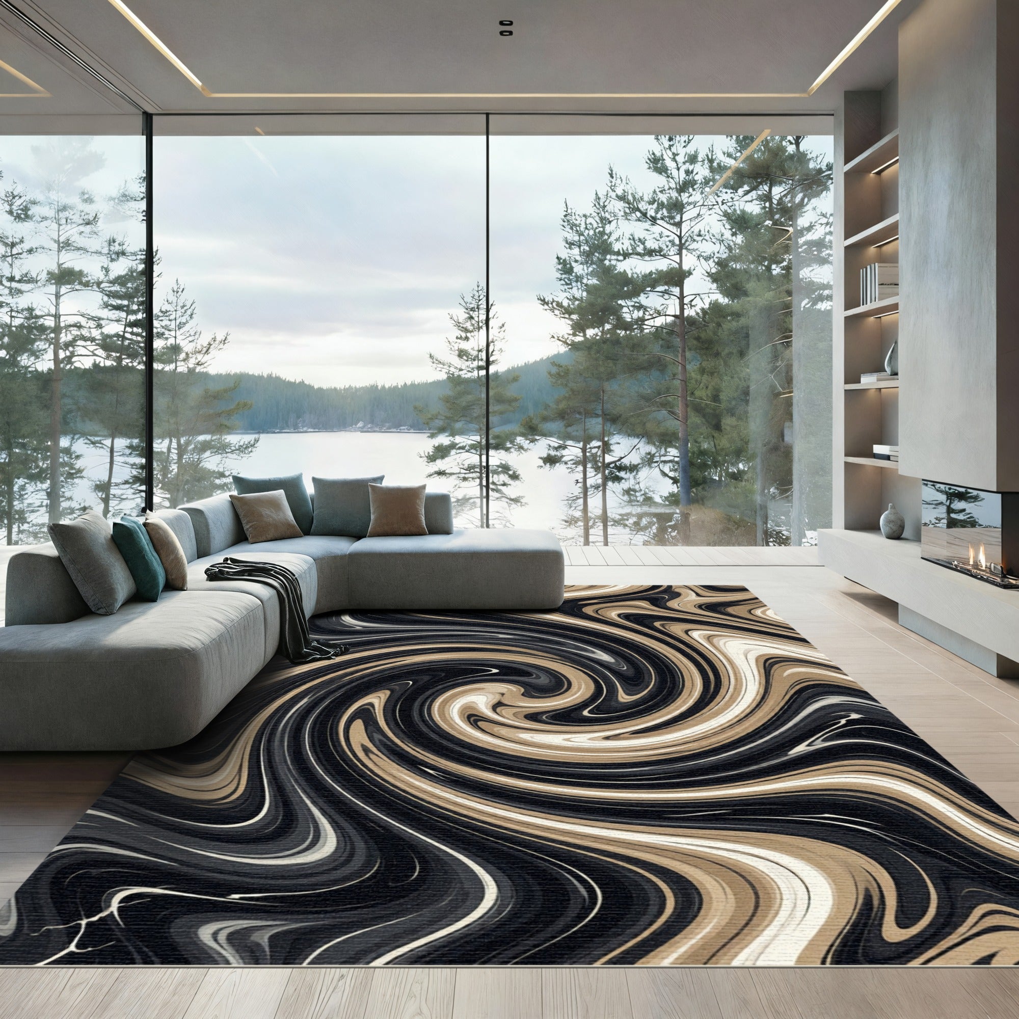 Abstract Black and Cream Swirl Rug