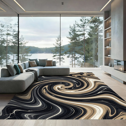 Abstract Black and Cream Swirl Rug