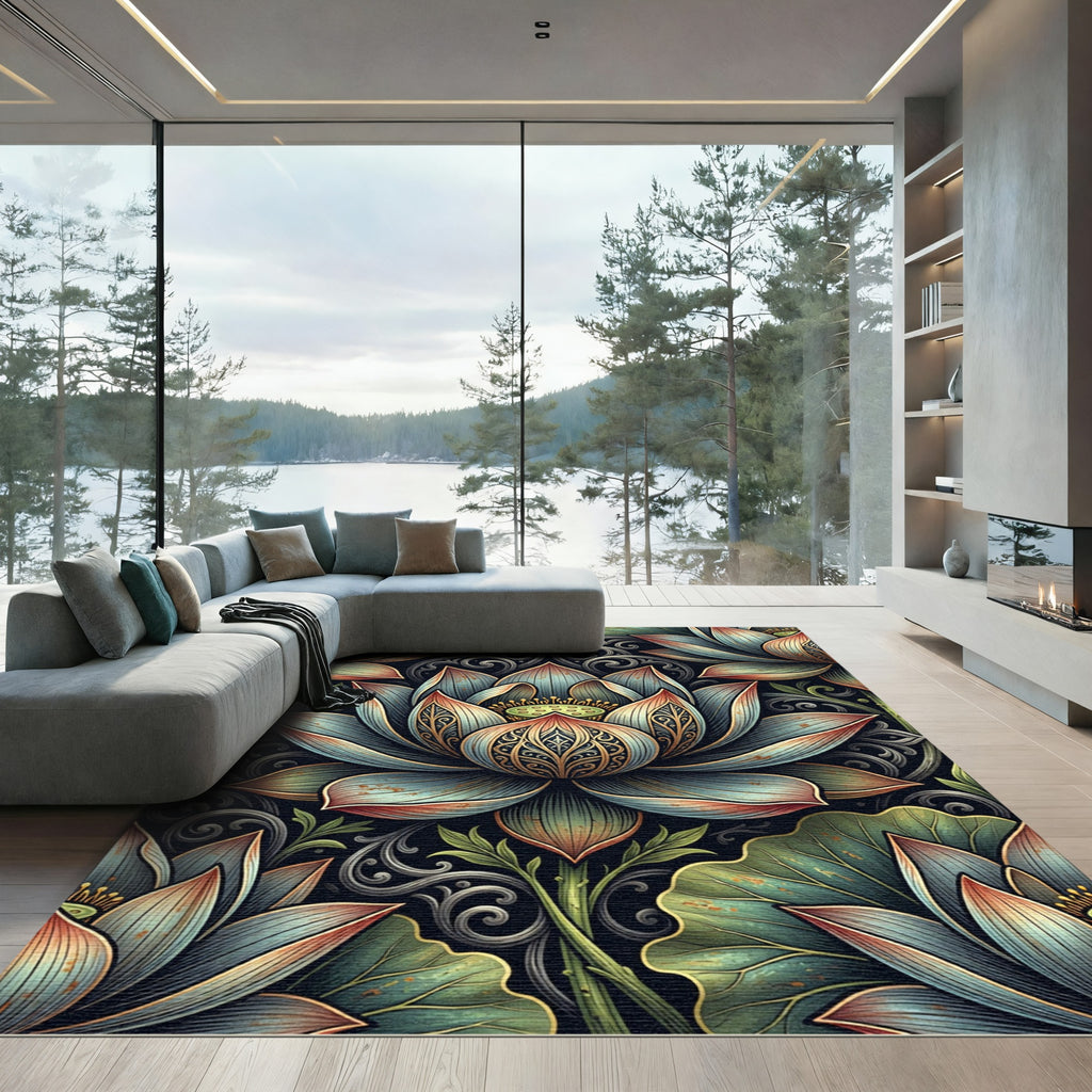 Elegant Teal Lotus Floral Victorian Art Rug